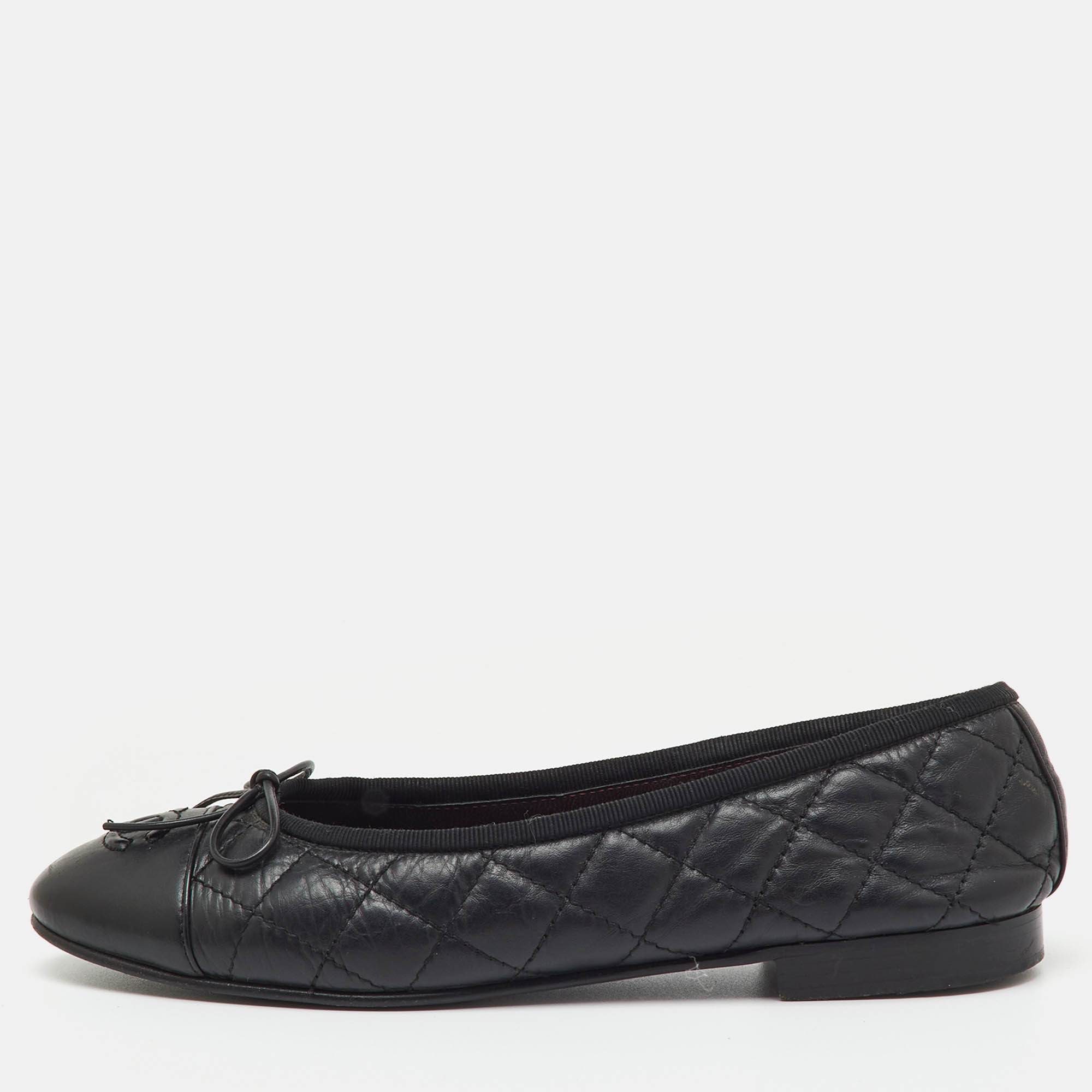 

Chanel Black Quilted Leather CC Cap Toe Bow Ballet Flats Size