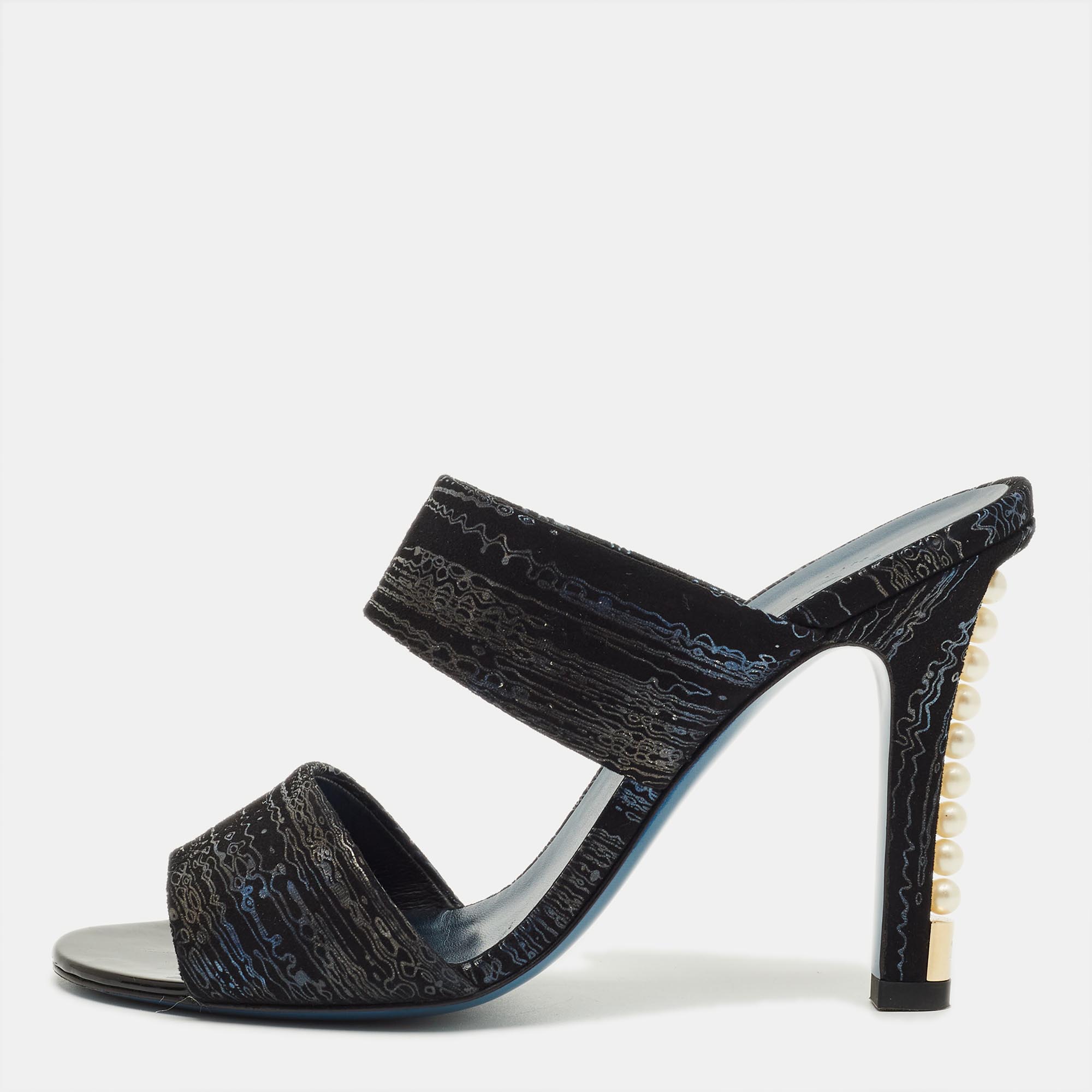 

Chanel Black Printed Suede Pearl Embellished Slide Sandals Size