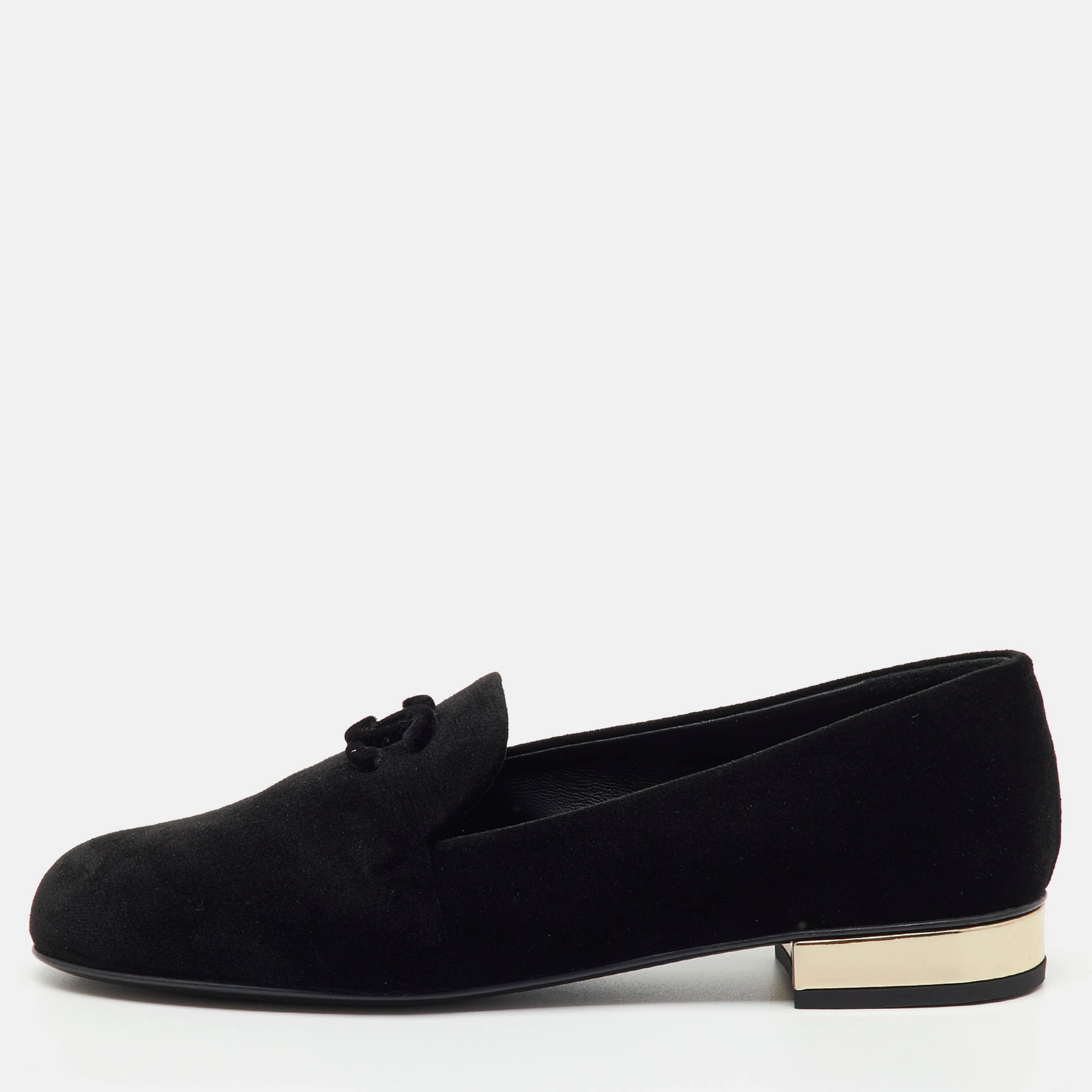 Pre-owned Chanel Black Velvet Cc Smoking Slippers Size 38