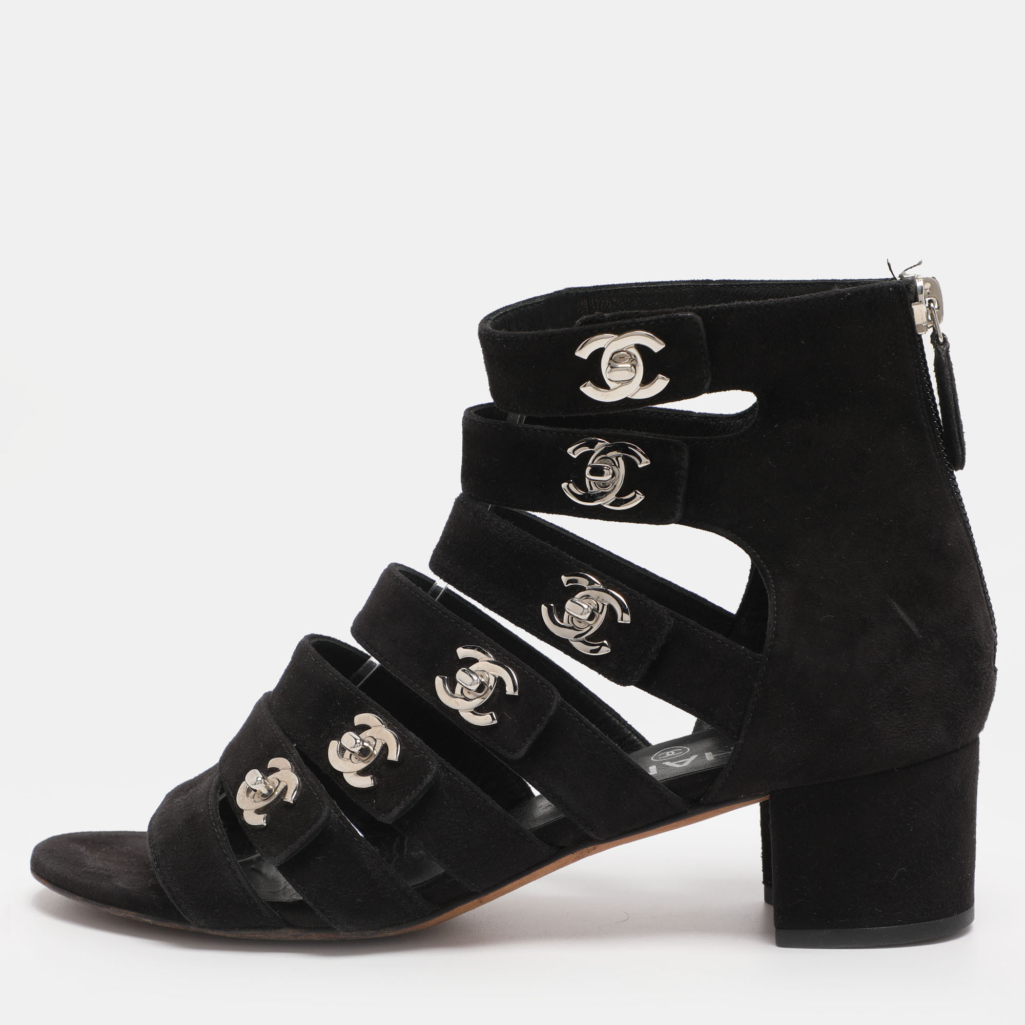 Pre-owned Chanel Black Suede Cc Gladiator Sandals Size 36