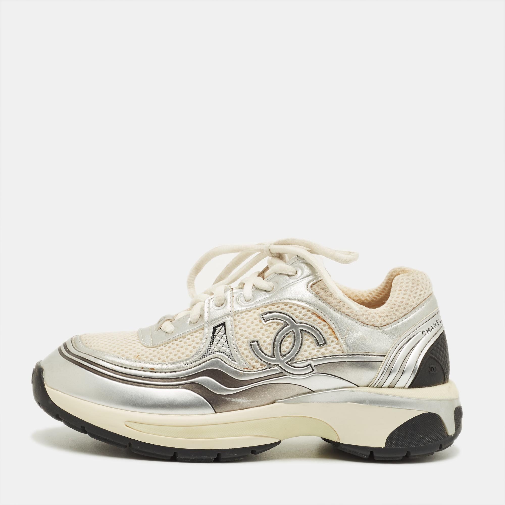 

Chanel Tricolor Leather and Mesh CC Lace Up Sneakers Size, Silver