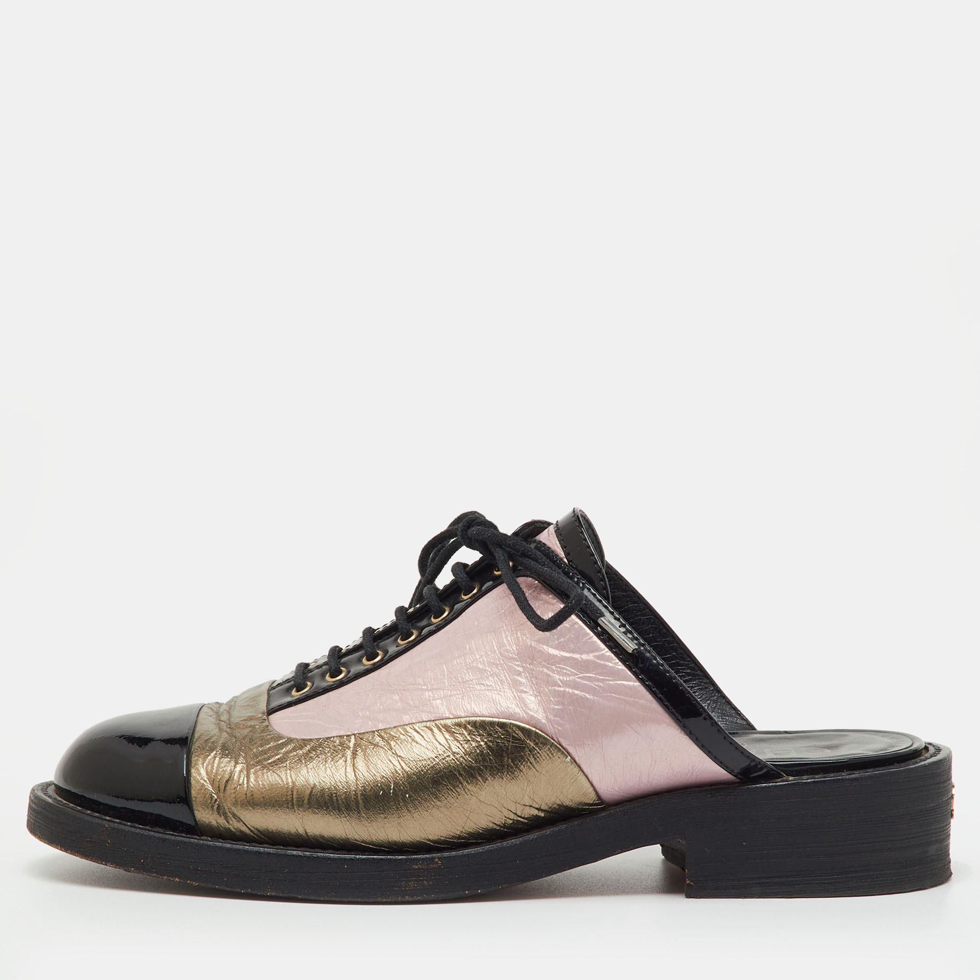 Pre-owned Chanel Multicolor Foil Leather And Patent Leather Lace Up Mules Size 37.5