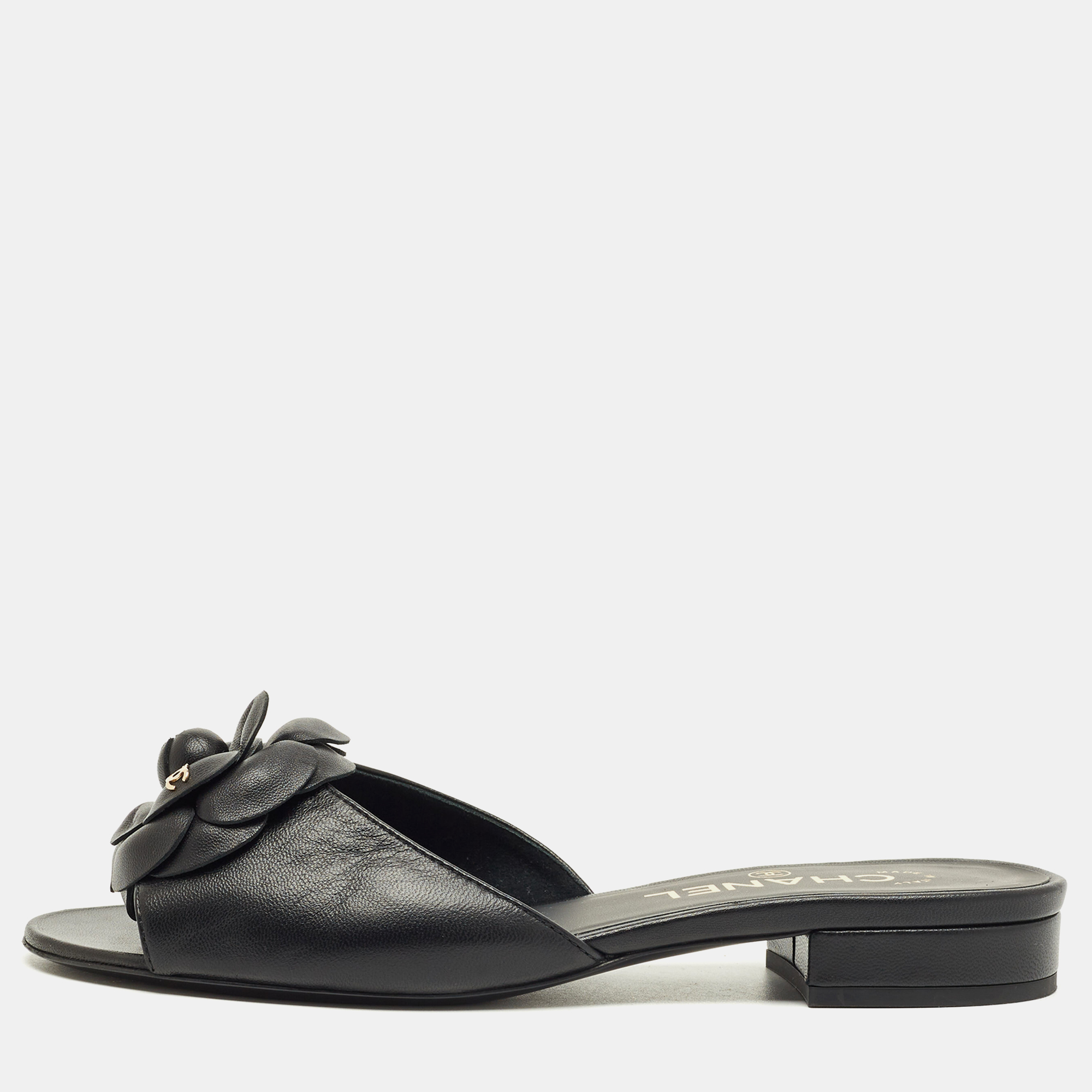 

Chanel Black Leather CC Camellia Flat Slide Size