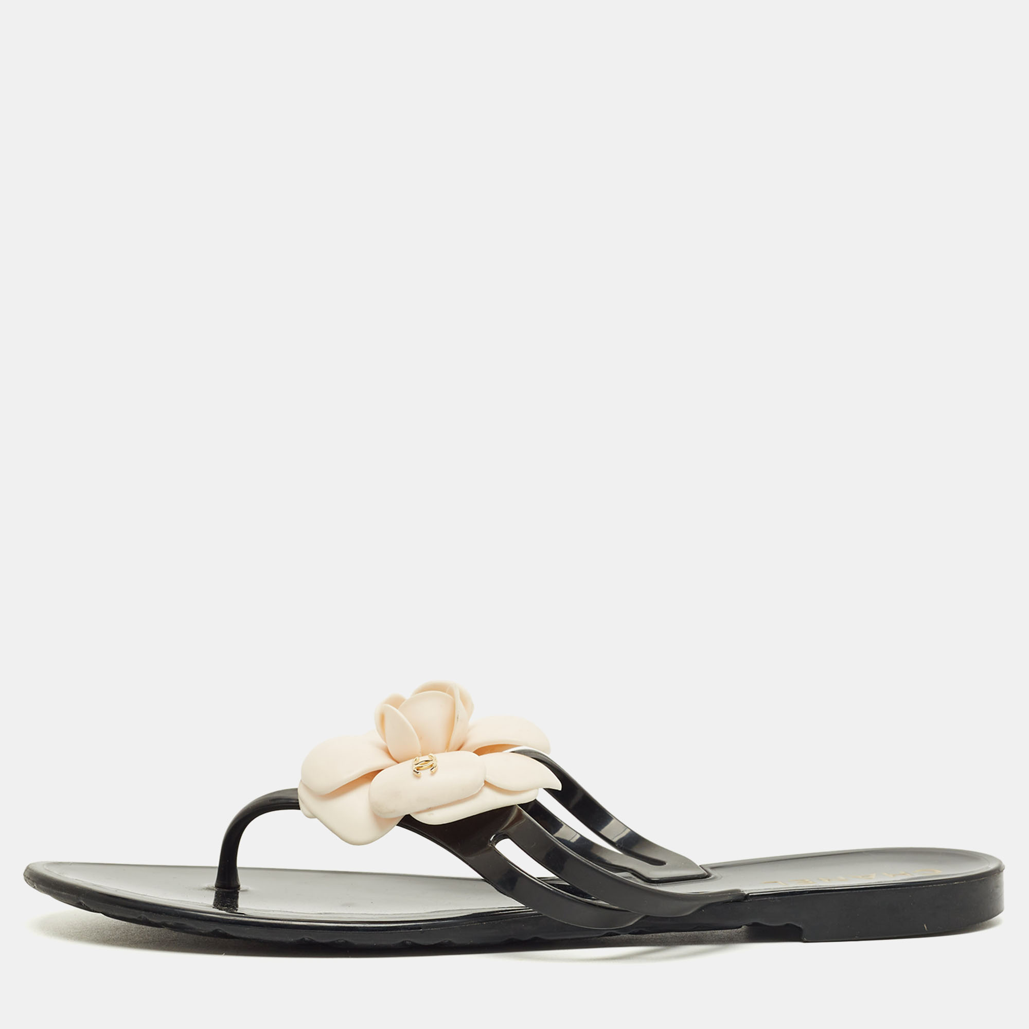 

Chanel Black and White Jelly Camellia Thong Sandals Size