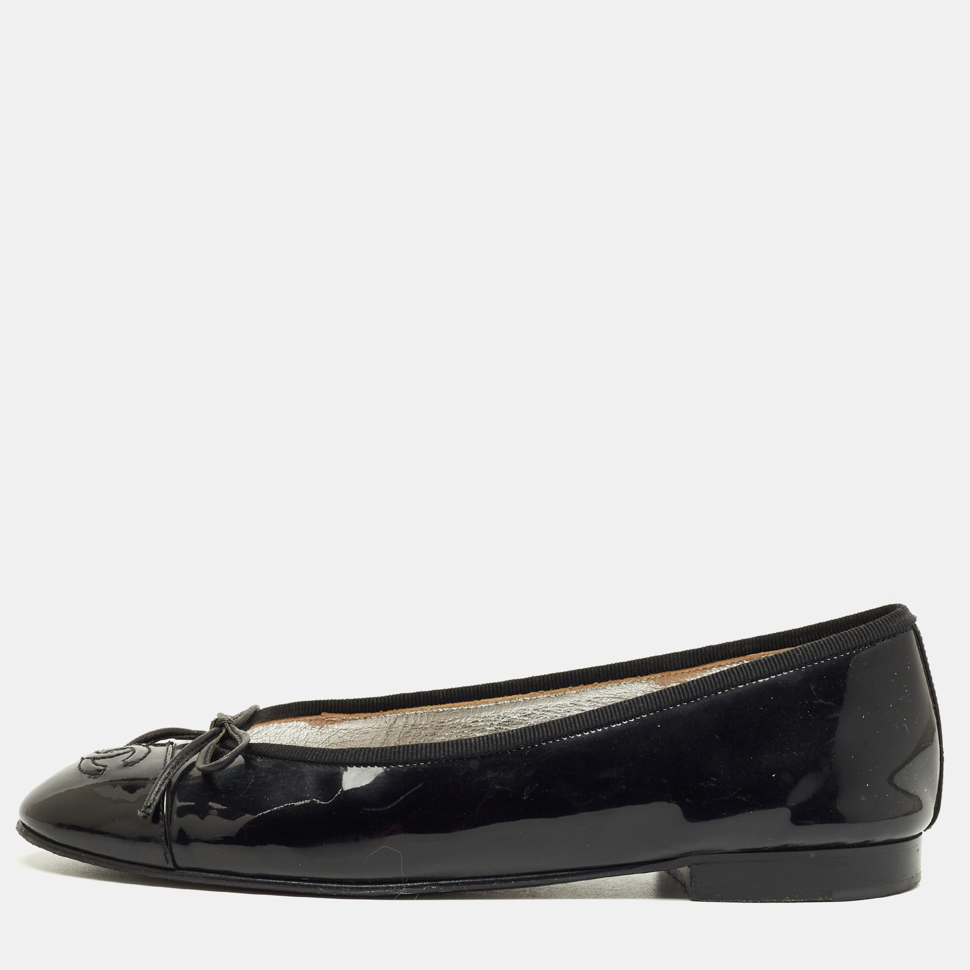 Pre-owned Chanel Black Patent Leather Cc Cap Toe Bow Ballet Flats Size 37