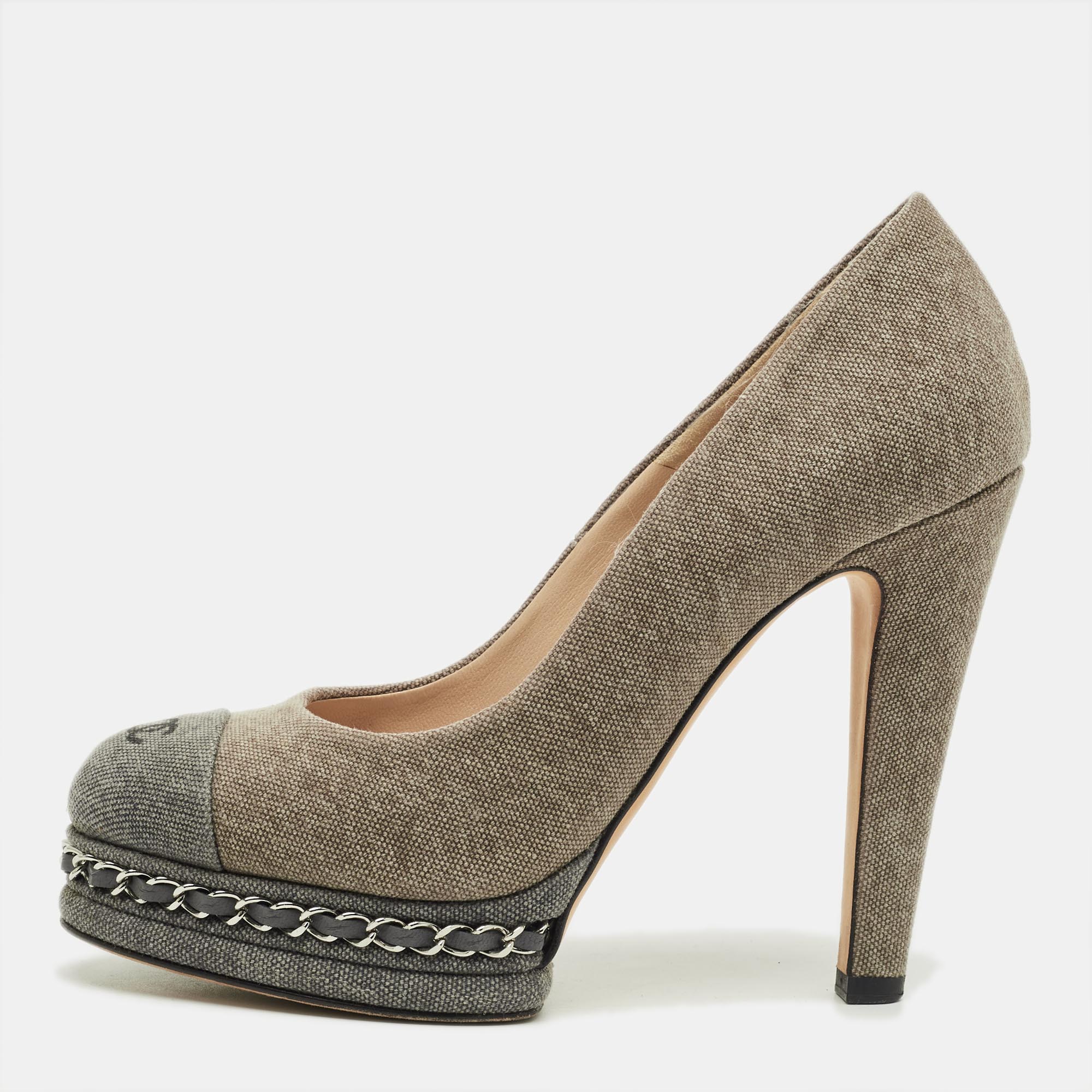 Pre-owned Chanel Two Tone Denim Cc Cap-toe Chain Detail Platform Pumps Size 36.5 In Gray