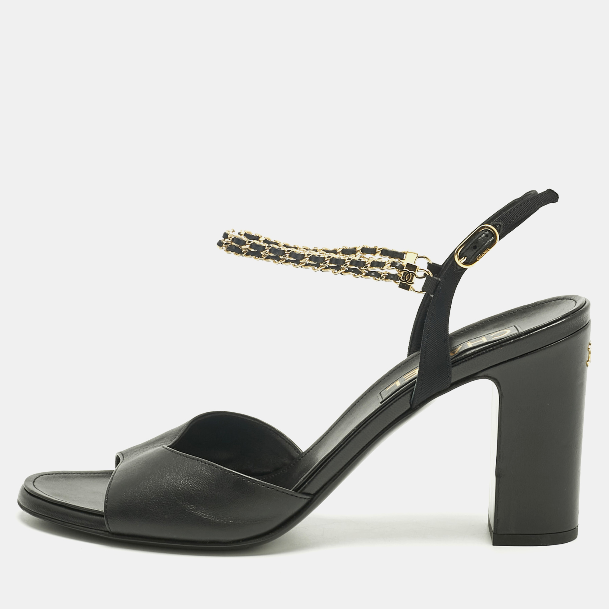 

Chanel Black Leather Chain Ankle Strap Sandals Size