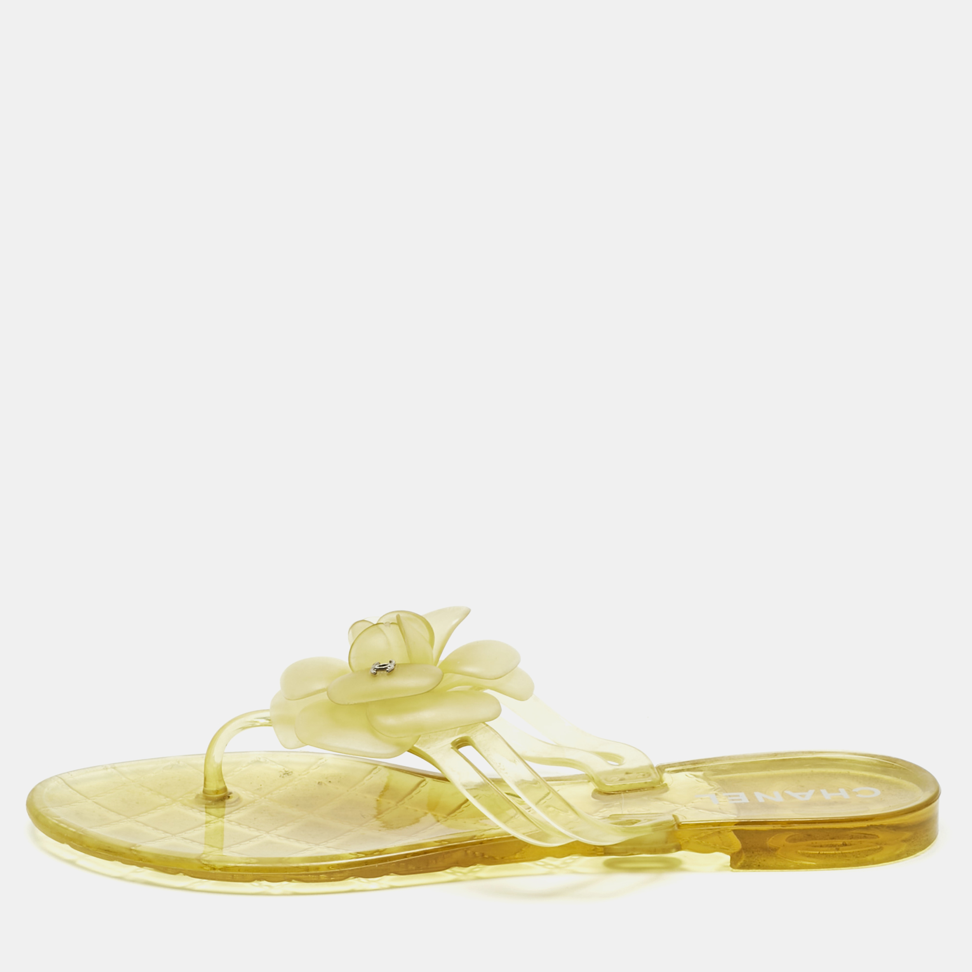 

Chanel Yellow Jelly CC Camellia Flat Sandals Size