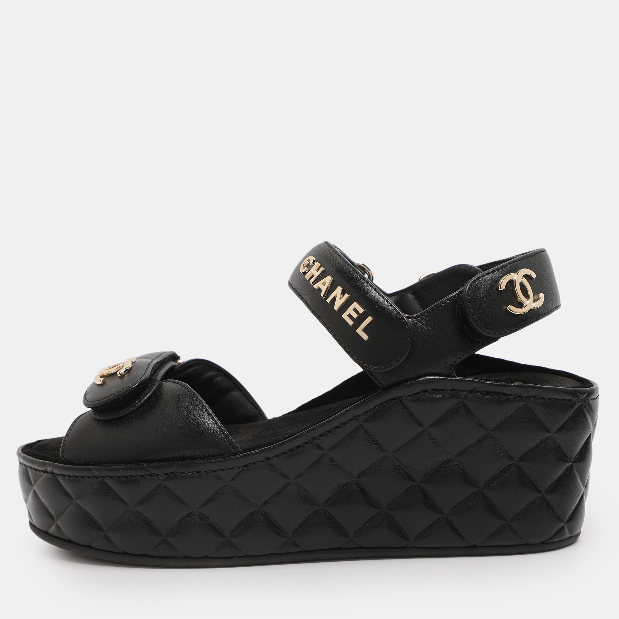 

Chanel Black Leather CC Wedge Platform Sandals Size 36