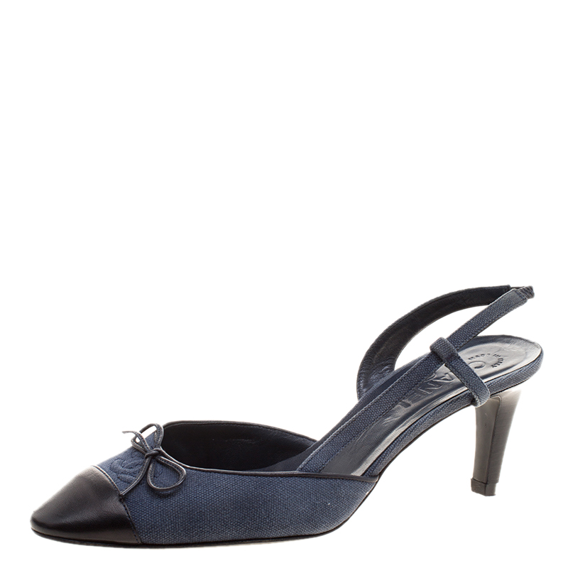 Chanel Blue Canvas and Black Leather Cap Toe Slingback Sandals Size 40