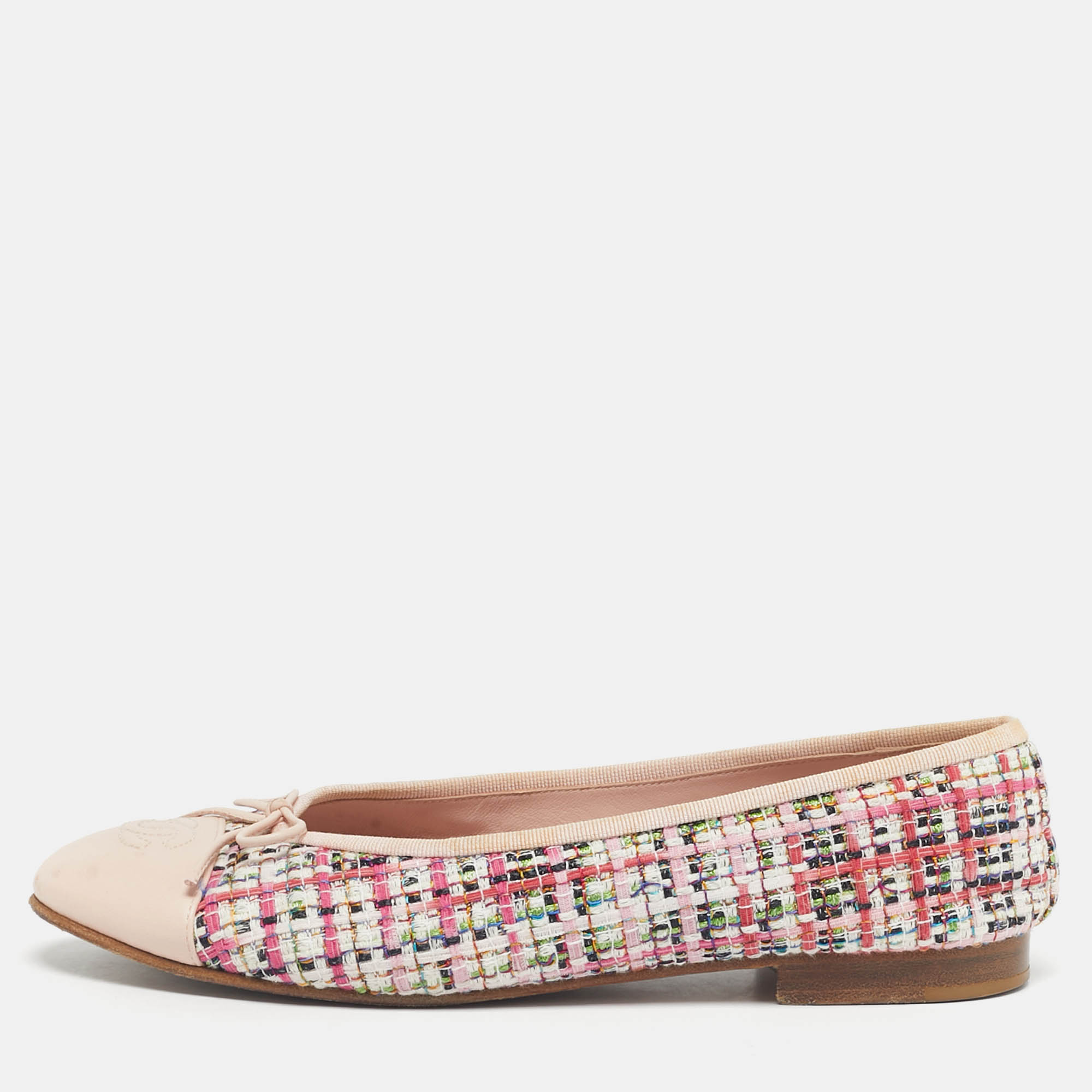 

Chanel Multicolor Leather and Tweed CC Cap Toe Ballet Flats Size