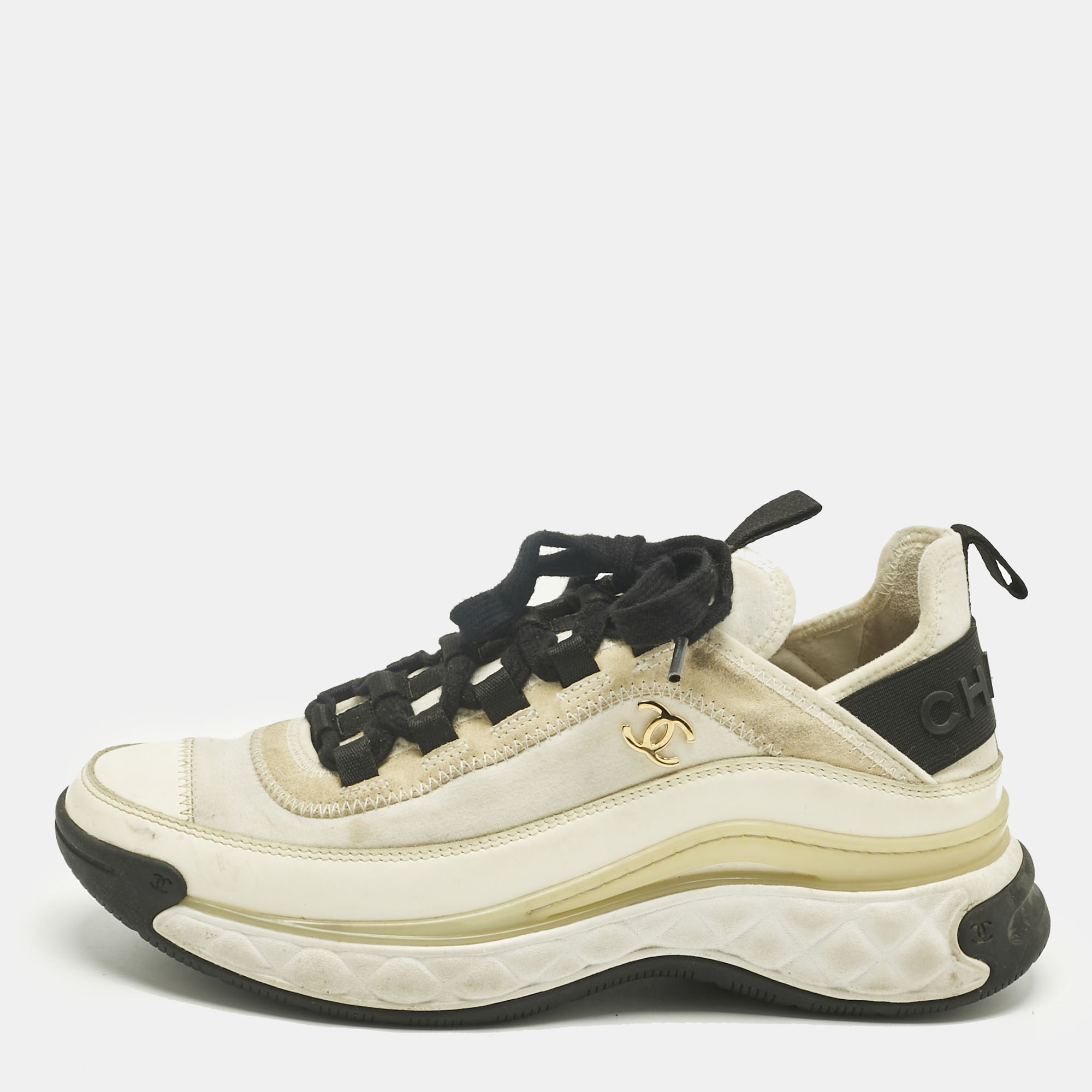 

Chanel Grey/White Fabric and Leather CC Lace Up Sneakers Size