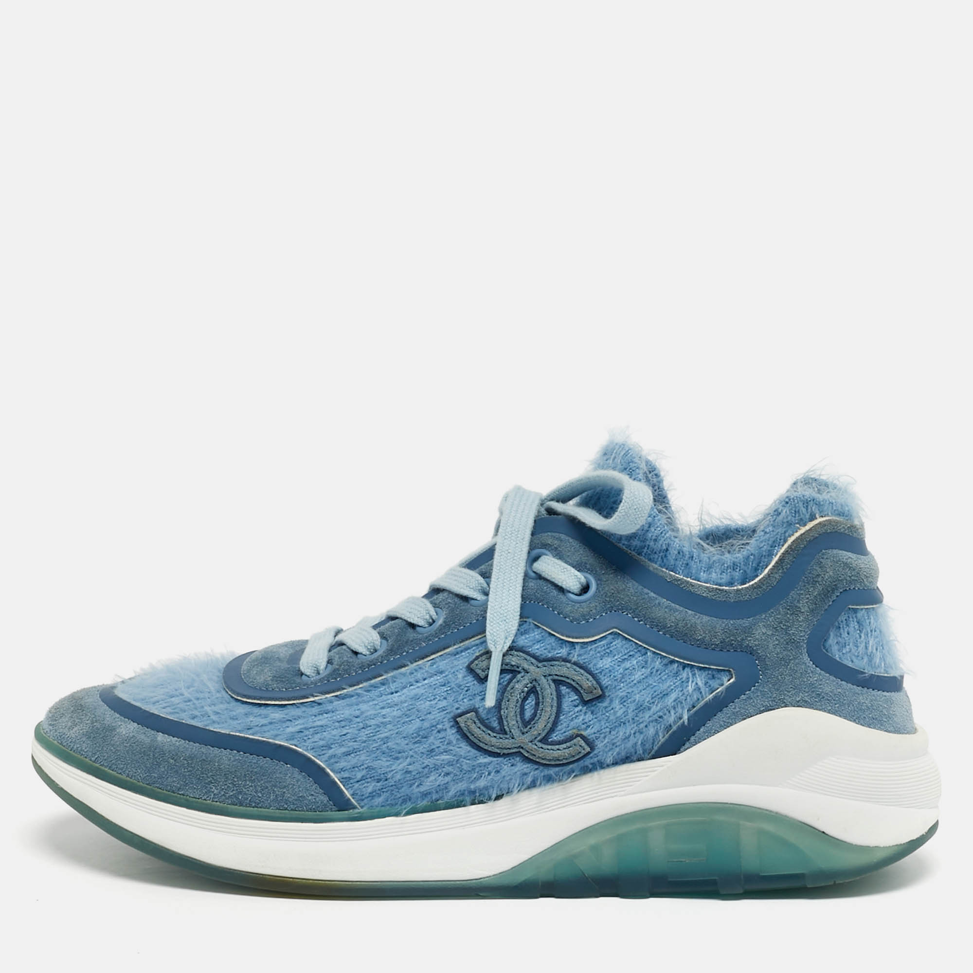 Pre-owned Chanel Blue Knit Fabric And Suede Cc Lace Up Sneakers Size 37