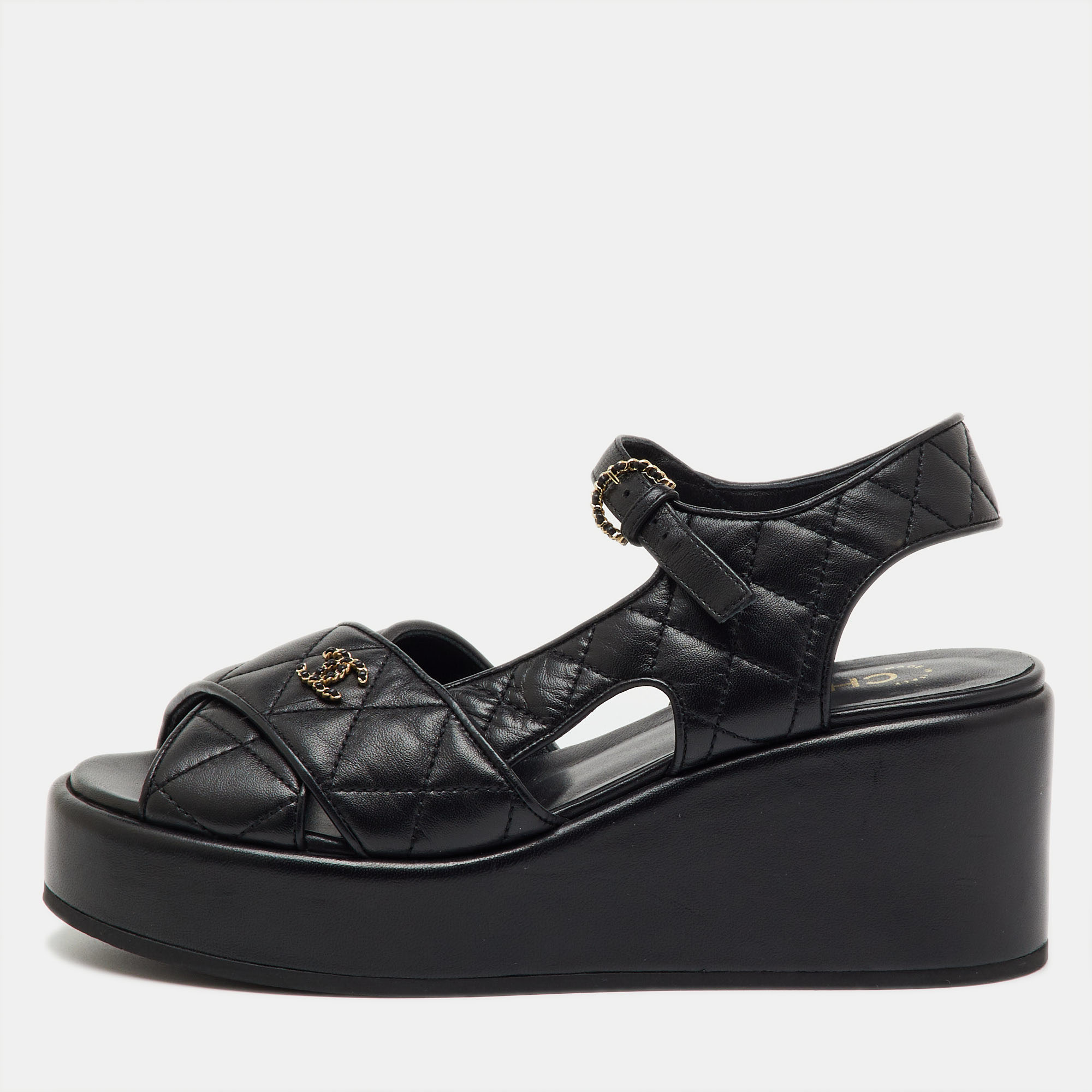 CHANEL Pre-owned Black Quilted Leather Cc Logo Platform Wedge Sandals Size 39.5