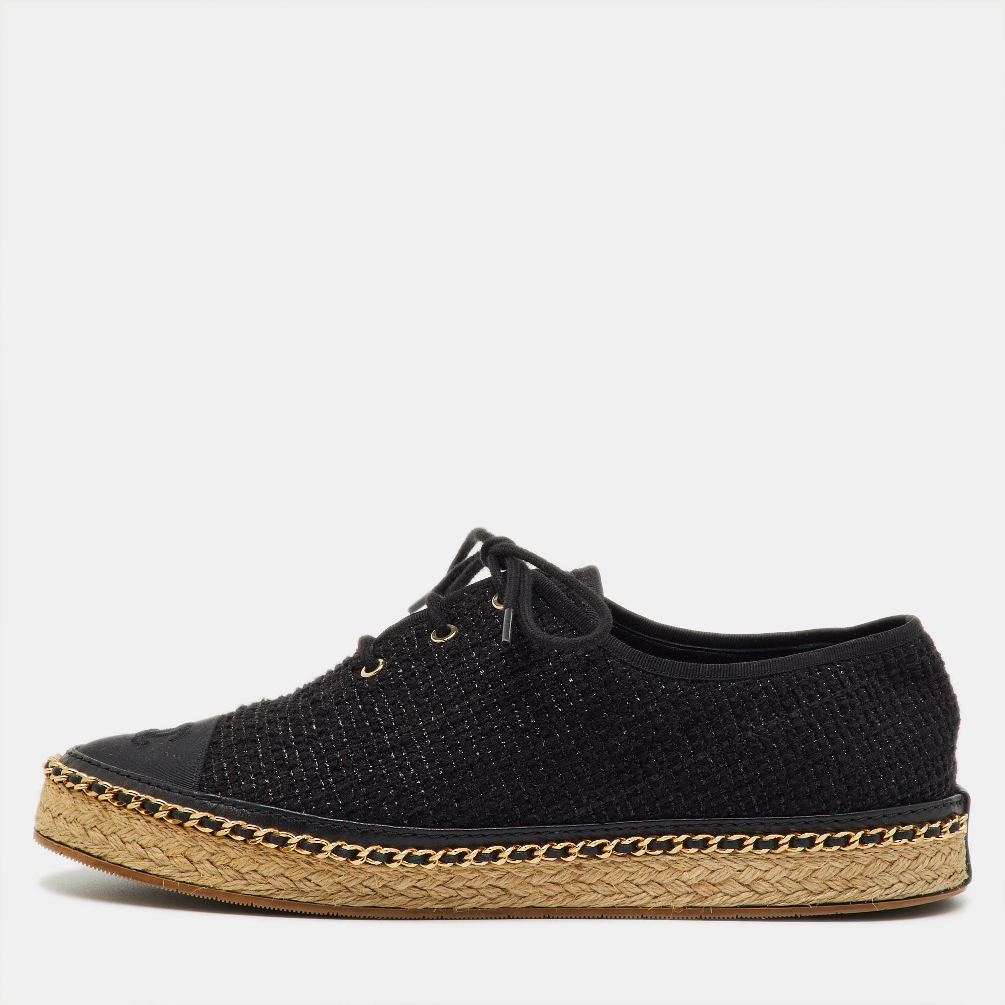 Pre-owned Chanel Black Tweed Interlocking Cc Logo Espadrille Lace Up Oxfords Size 39