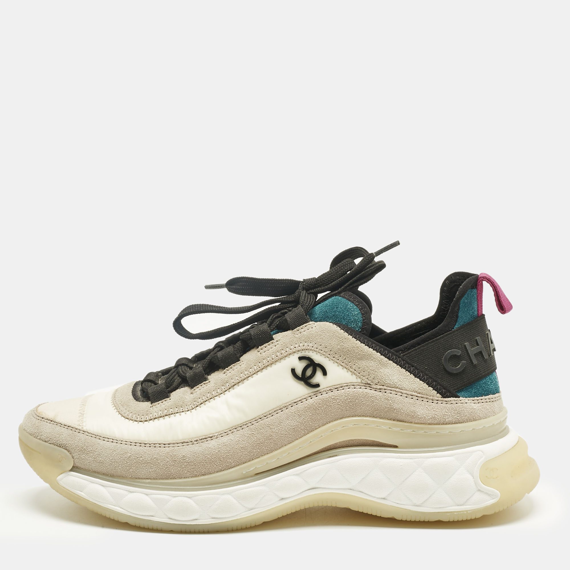 

Chanel Multicolor Neoprene and Suede CC Low Top Sneakers Size