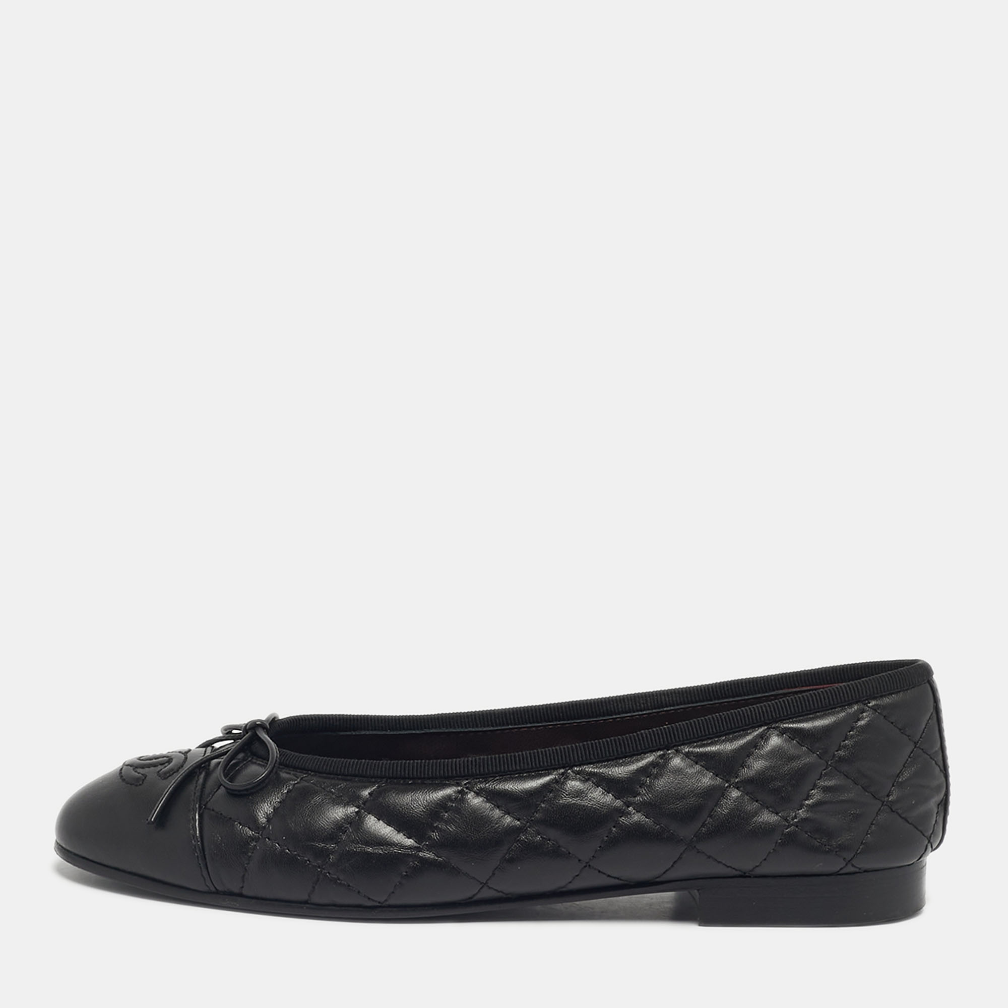

Chanel Black Quilted Leather CC Cap Toe Bow Ballet Flats Size
