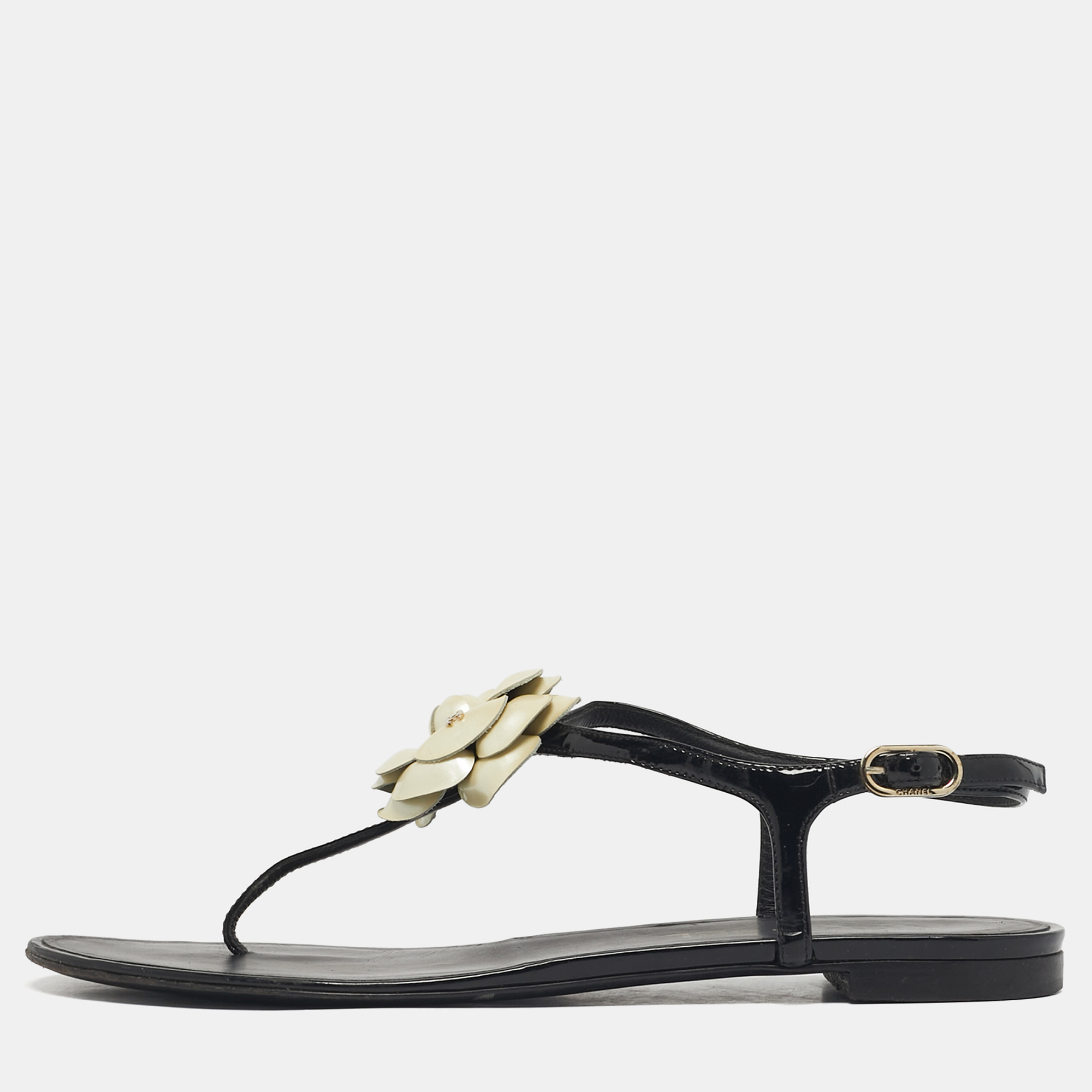 

Chanel Black Patent Camellia Thong Slingback Sandals Size