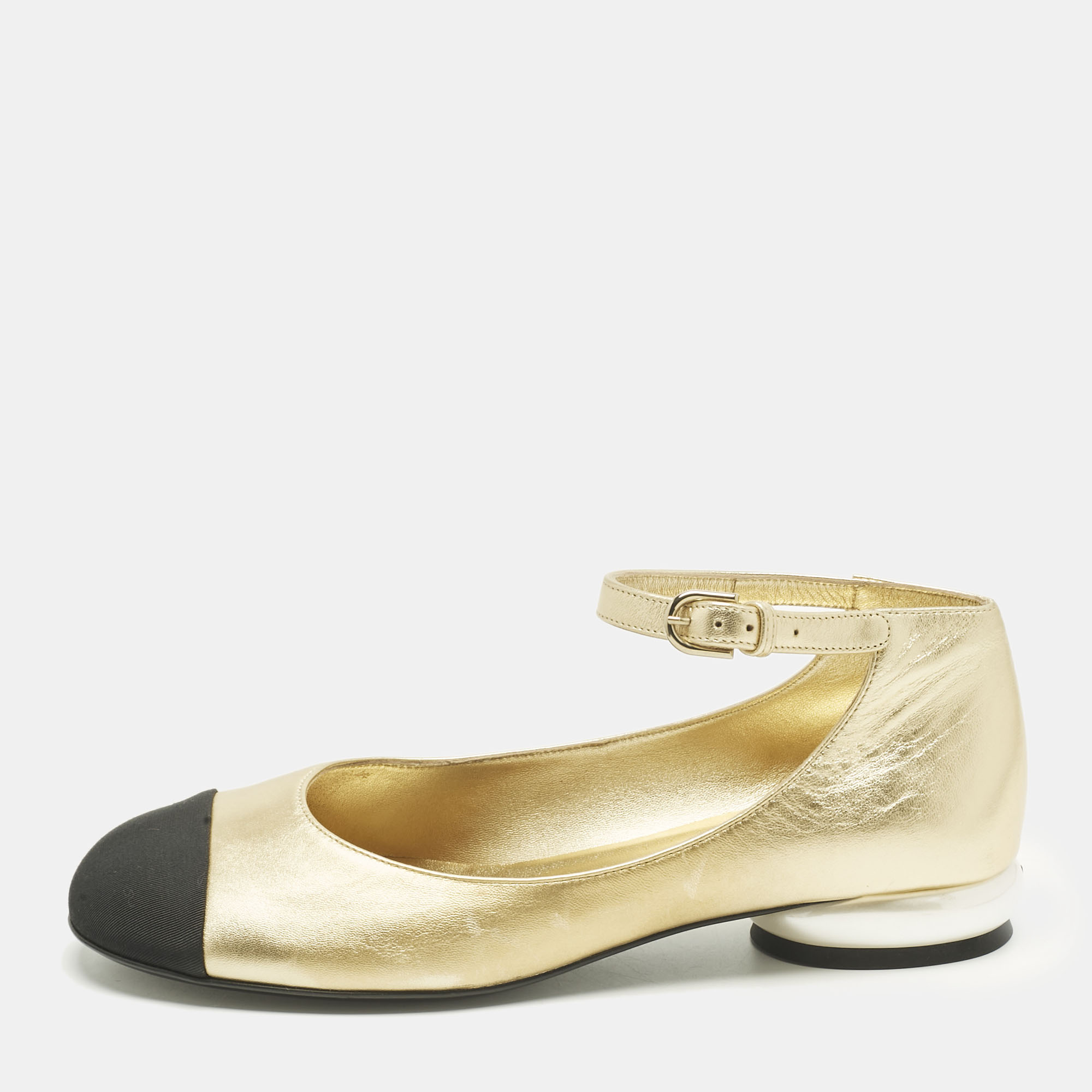 

Chanel Gold/Black Leather and Fabric Cap Toe Ankle Strap Ballet Flats Size