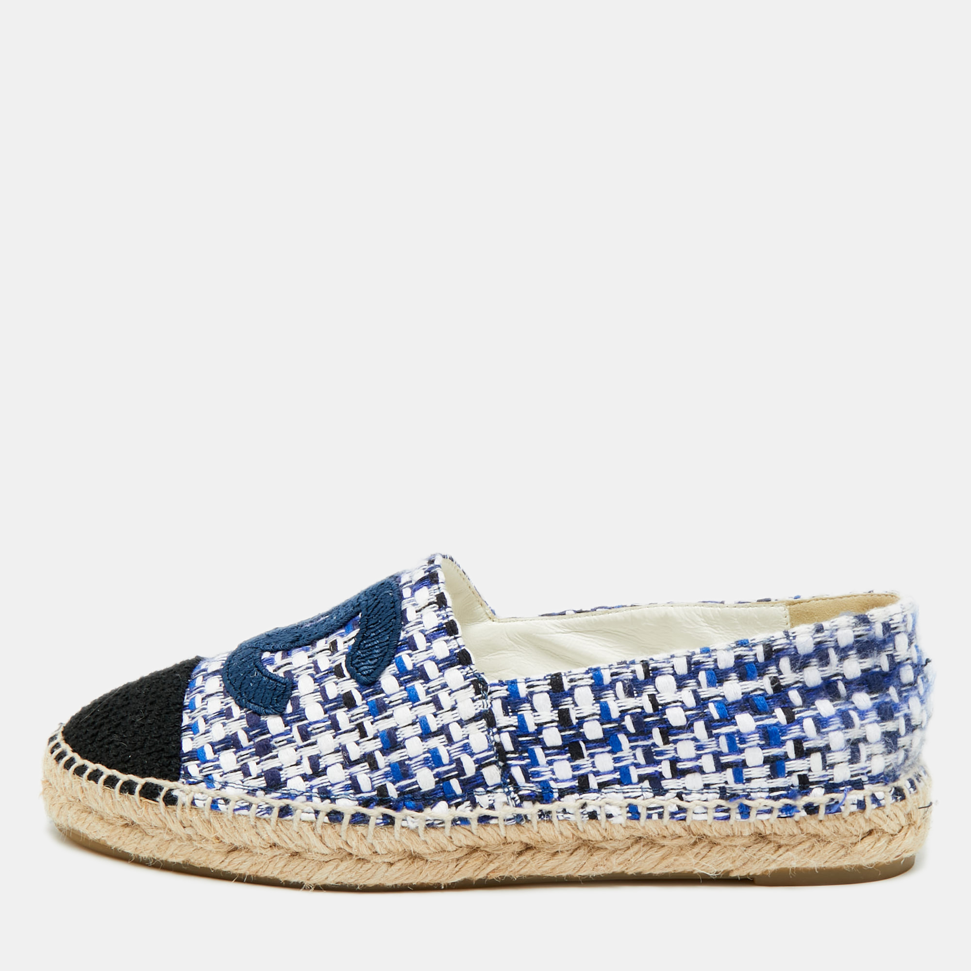 

Chanel Tricolor Fabric and Tweed CC Cap Toe Espadrille Flats Size, Blue