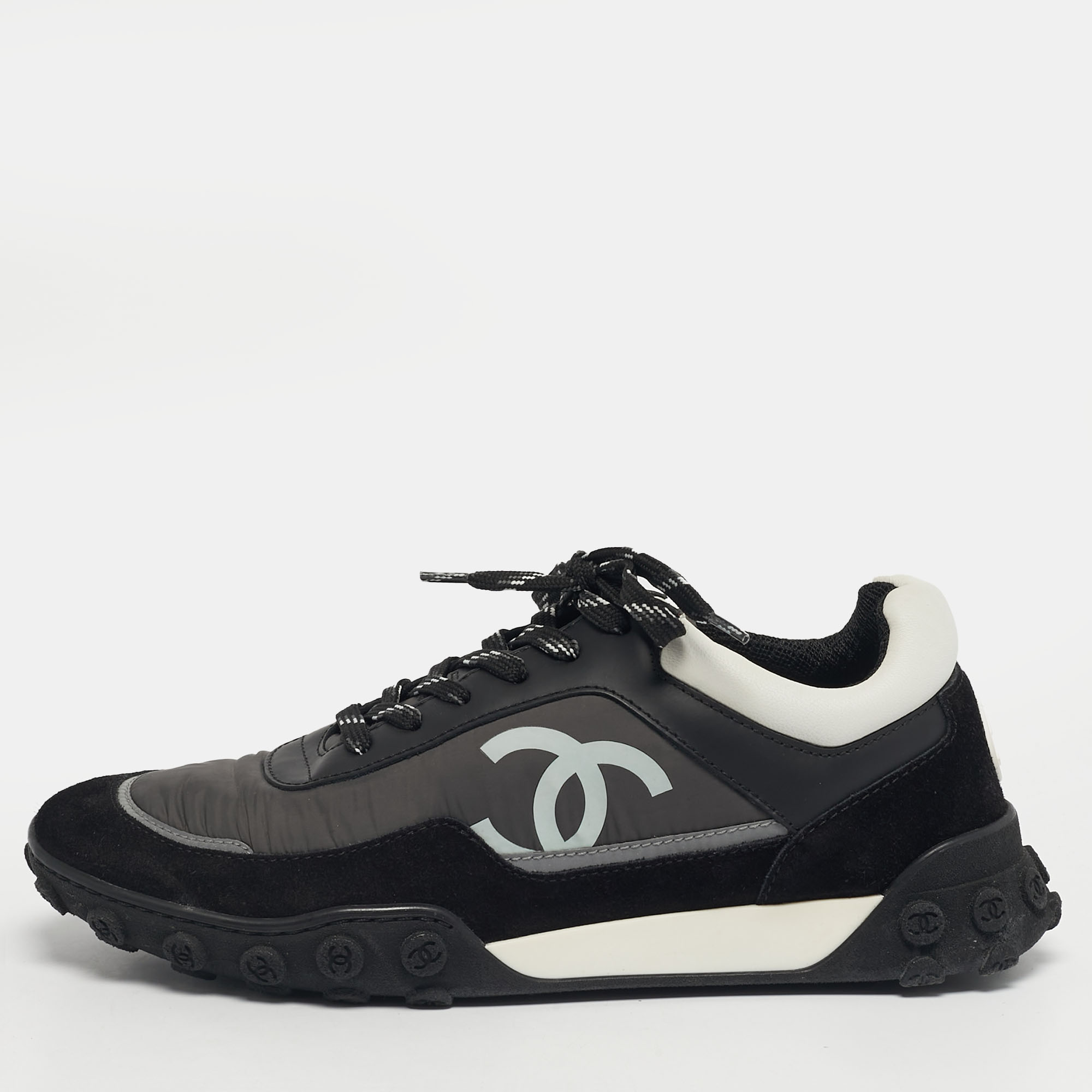 Pre-owned Chanel Multicolor Nylon And Suede Cc Low Top Sneakers Size 38.5