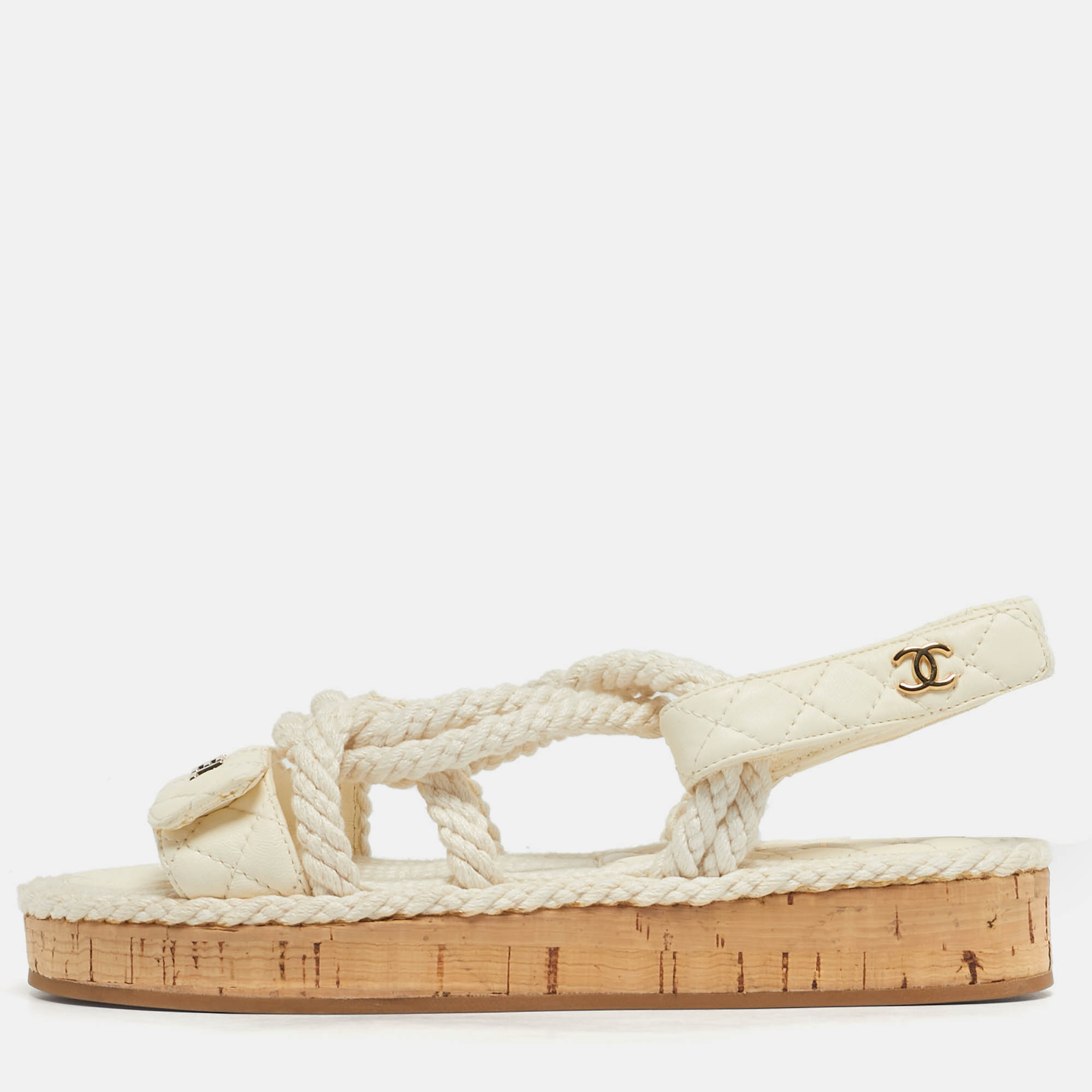 Pre-owned Chanel White Leather And Rope Dad Slingback Sandals Size 36