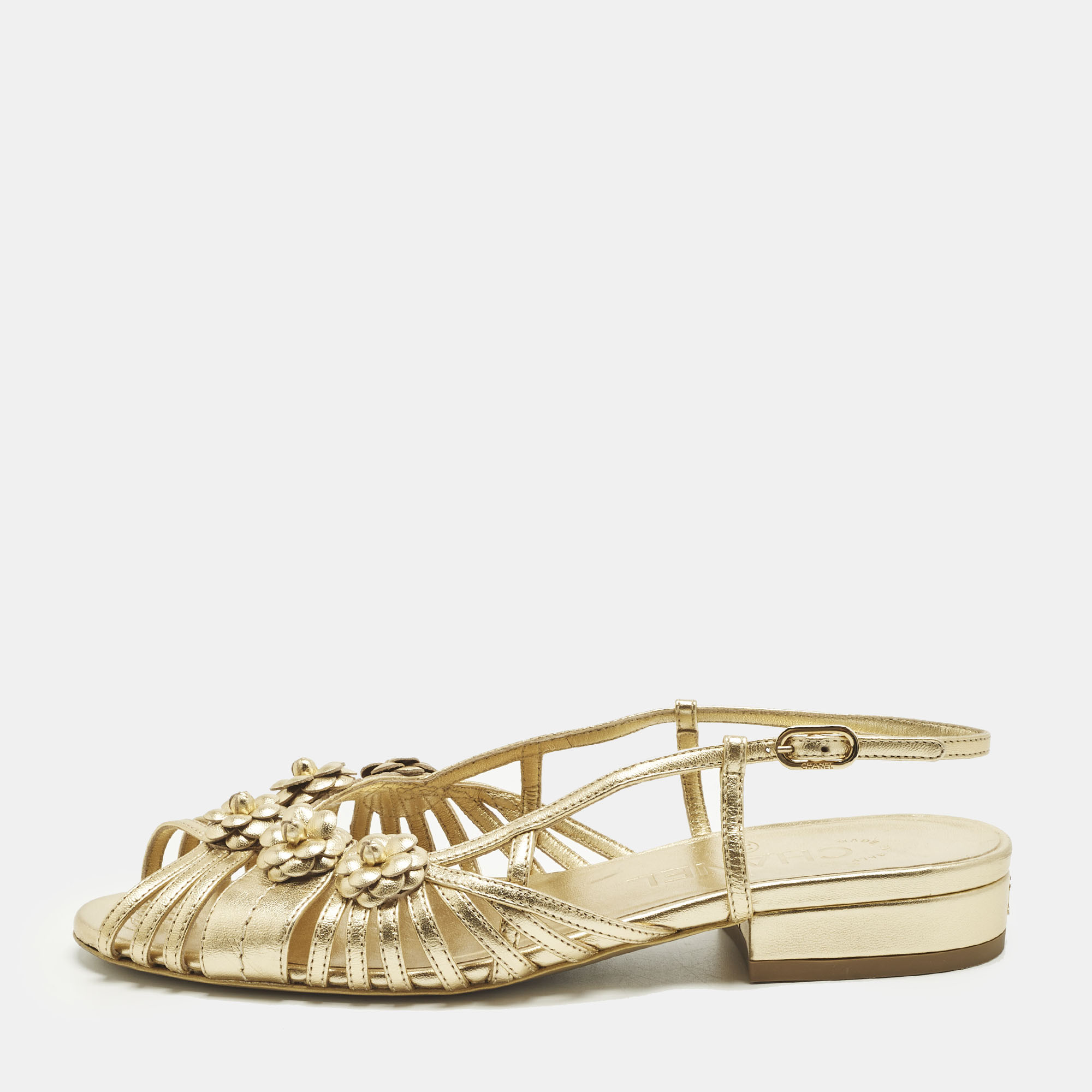 

Chanel Camelia Size  Gold Leather Slingback Sandals