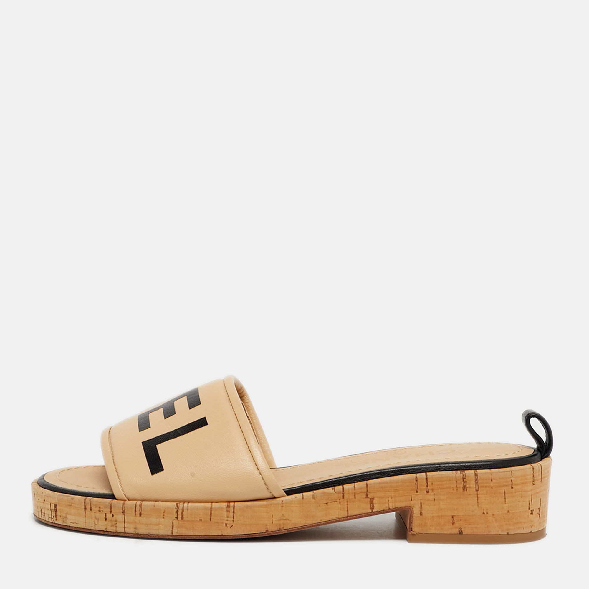 

Chanel Size  Beige Leather Logo Cork Slide Sandals
