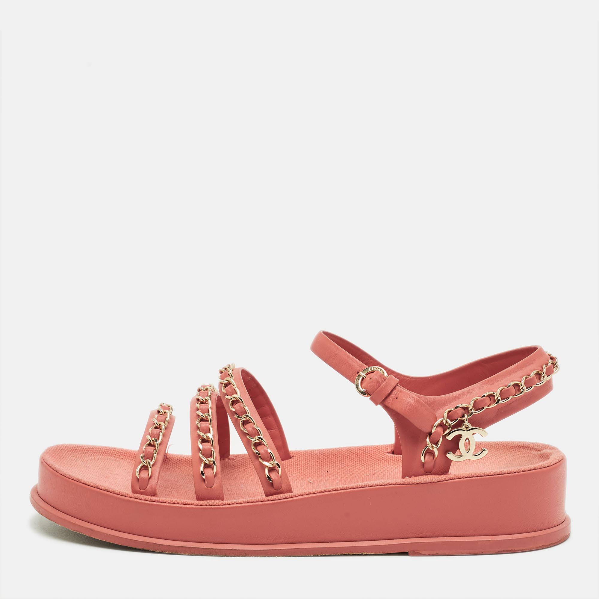 

Chanel CC Chain logo Size  Pink Leather Slingback Sandals