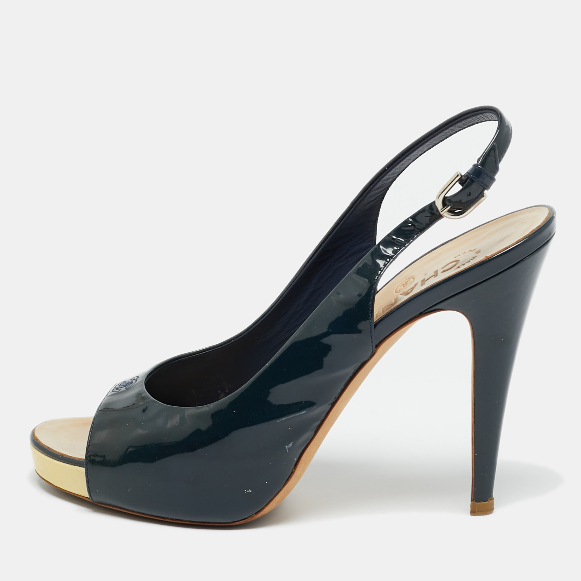 

Chanel Size  Navy Blue Patent Leather CC Open Toe Platform Slingback Sandals