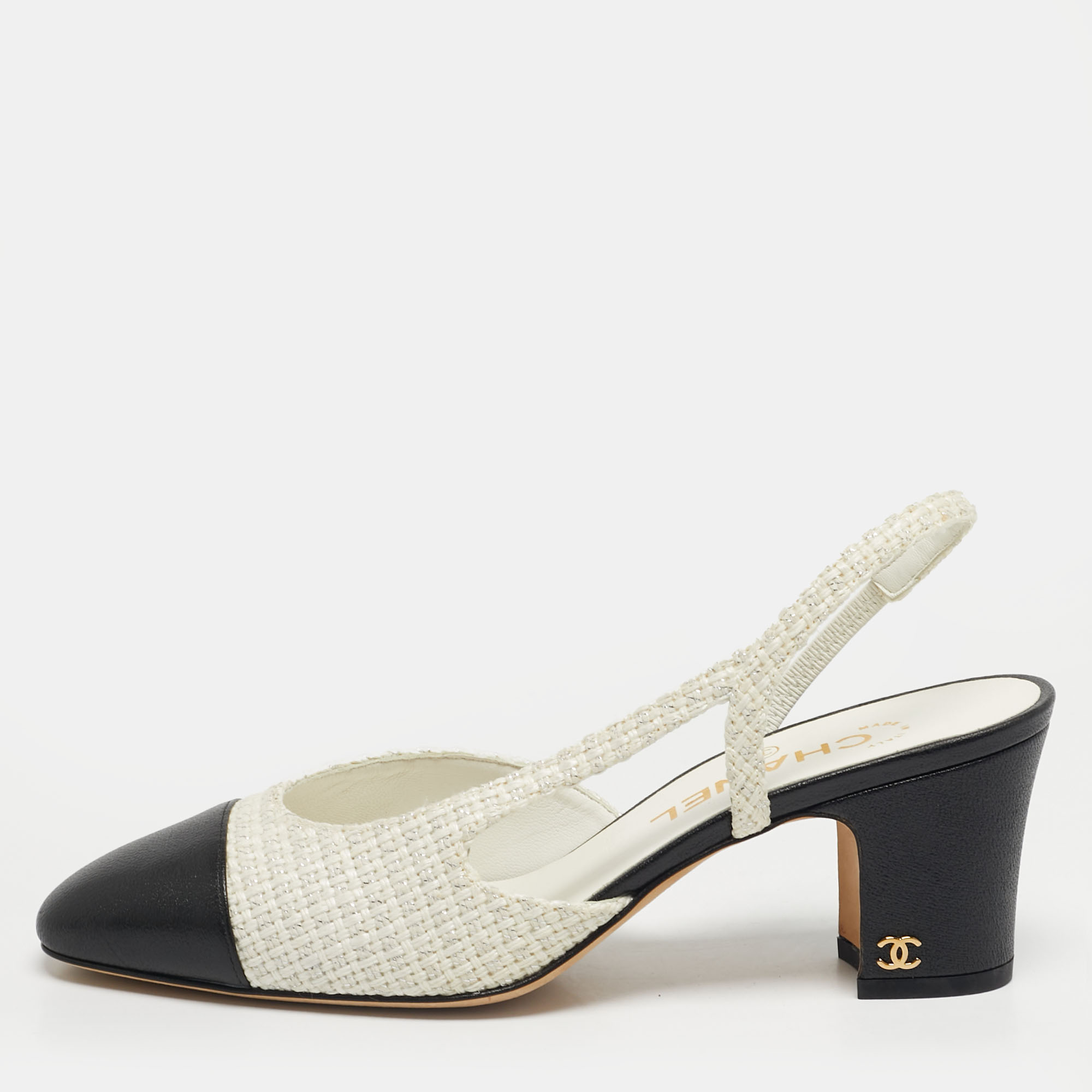 

Chanel CC Size  Black/Off White Woven Fabric and Leather Pumps