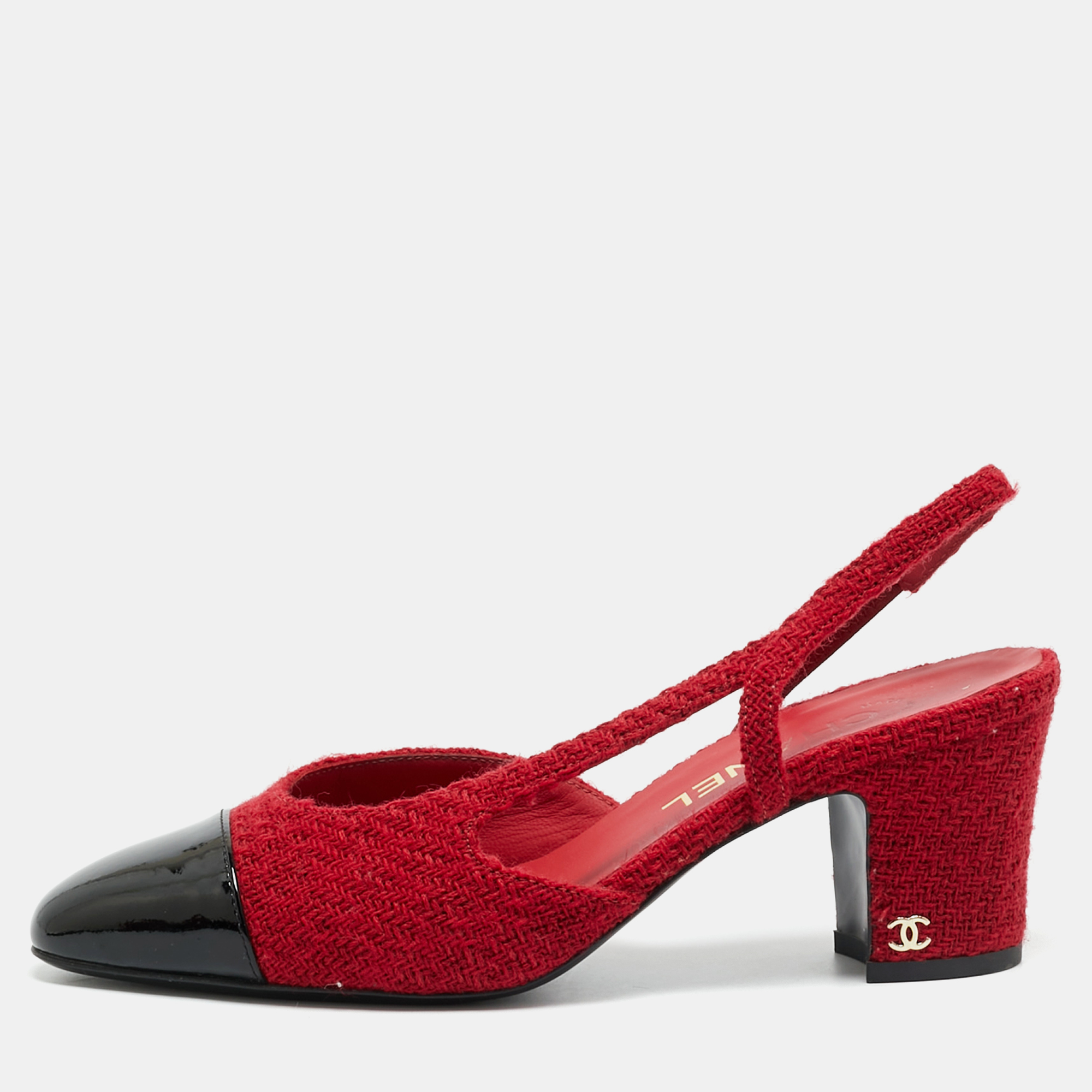 

Chanel CC Size  Red/Black Tweed and Patent Leather Slingback Pumps