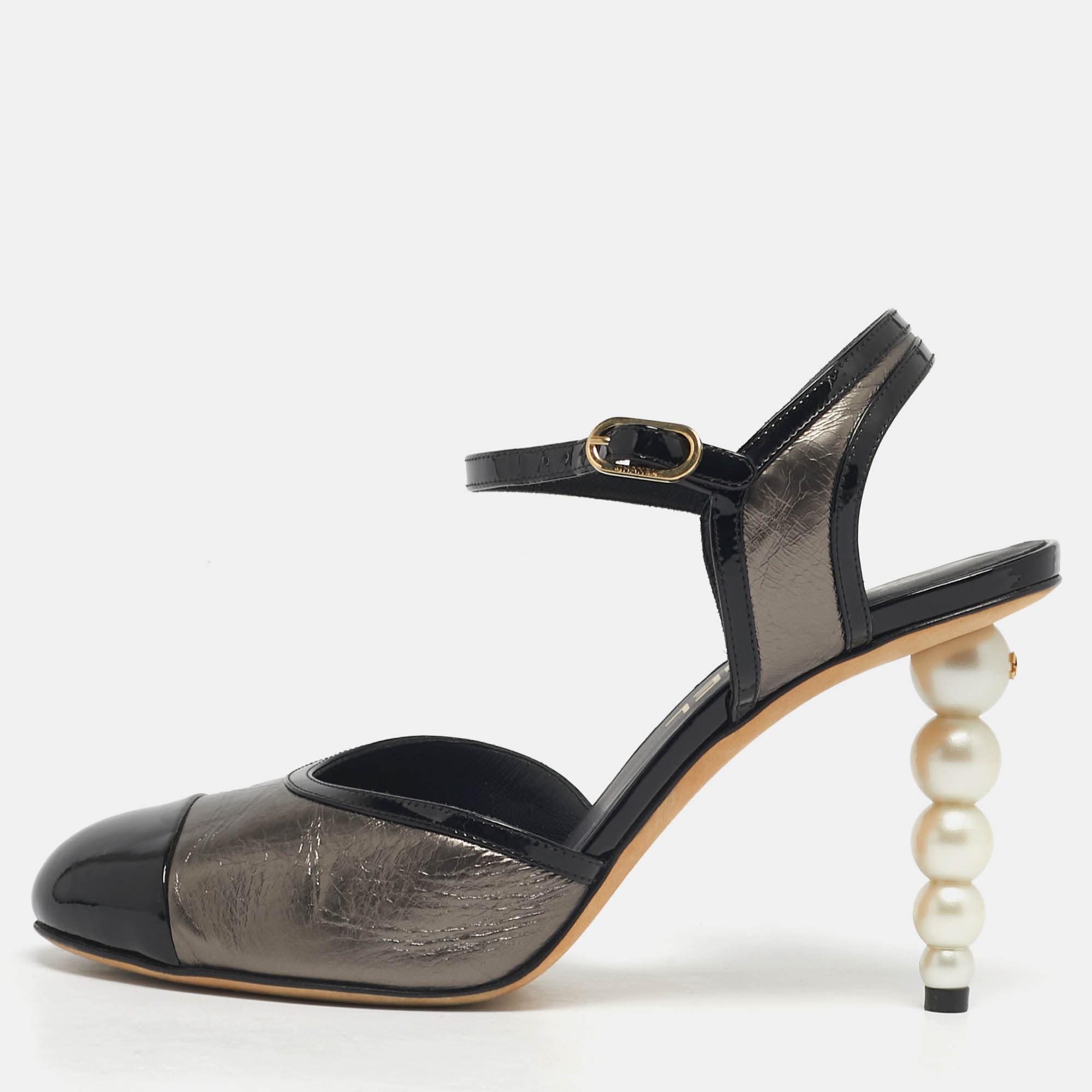 Pre-owned Chanel Pearl Embellished Size 38 Black Patent And Leather D'orsay Sling Pumps