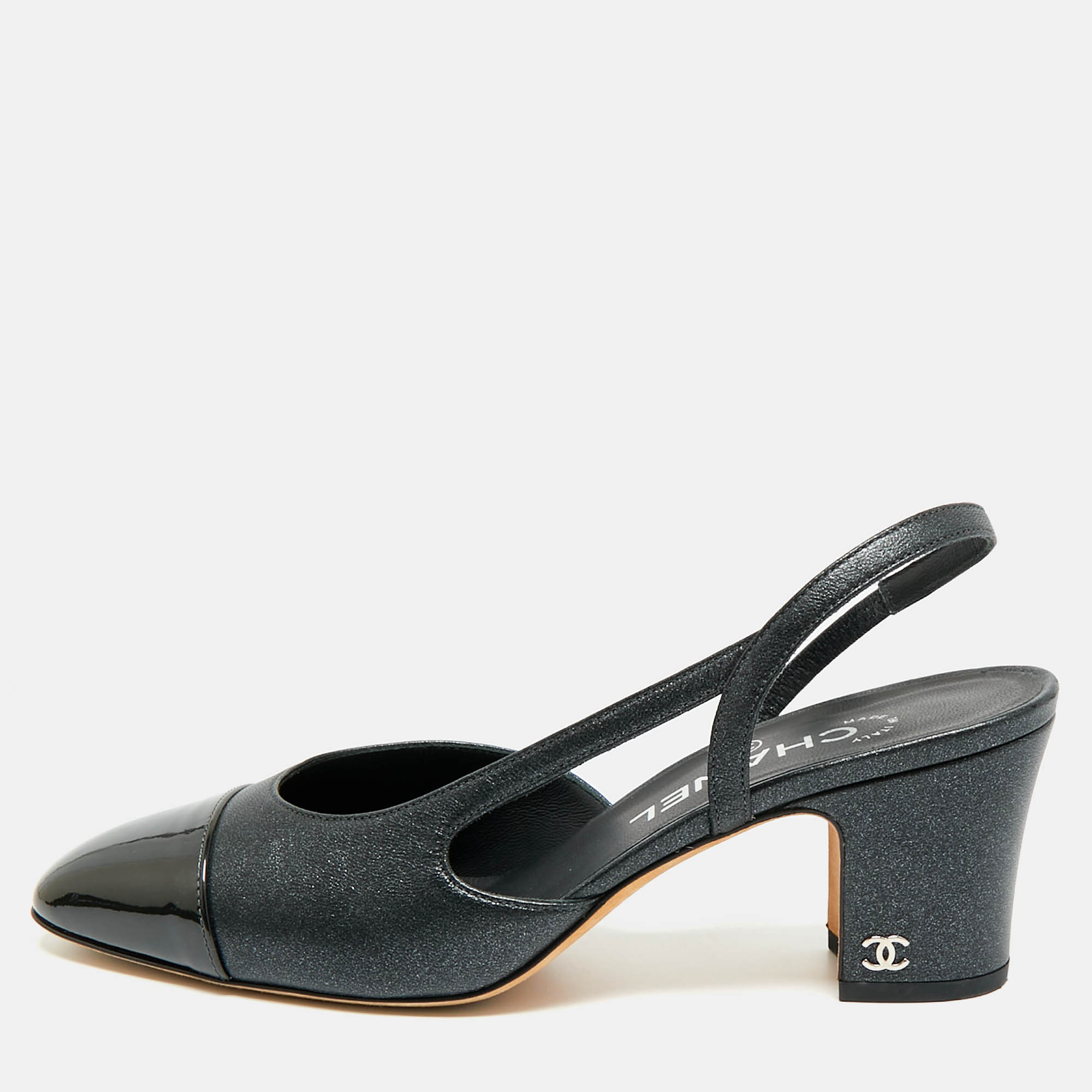 

Chanel Cap Toe Size  Shimmer Black Patent and Leather Slingback Pumps