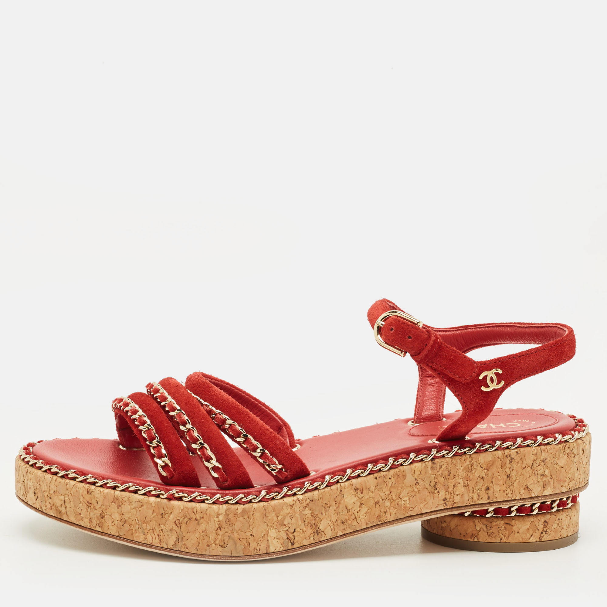 

Chanel CC Chain Logo Size  Red Suede Ankle Strap Sandals