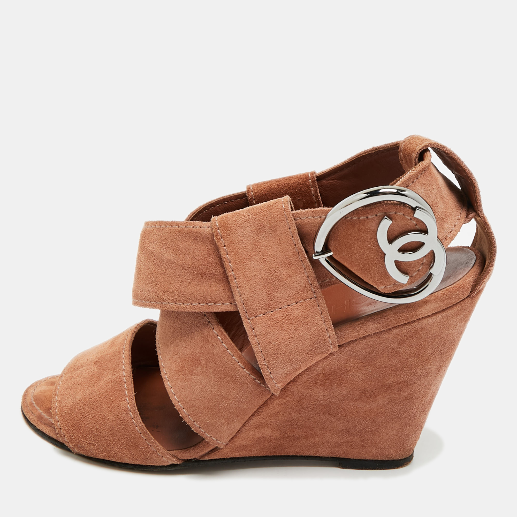 Pre-owned Chanel Cc Size 36.5 Brown Suede Ankle Strap Wedge Sandals