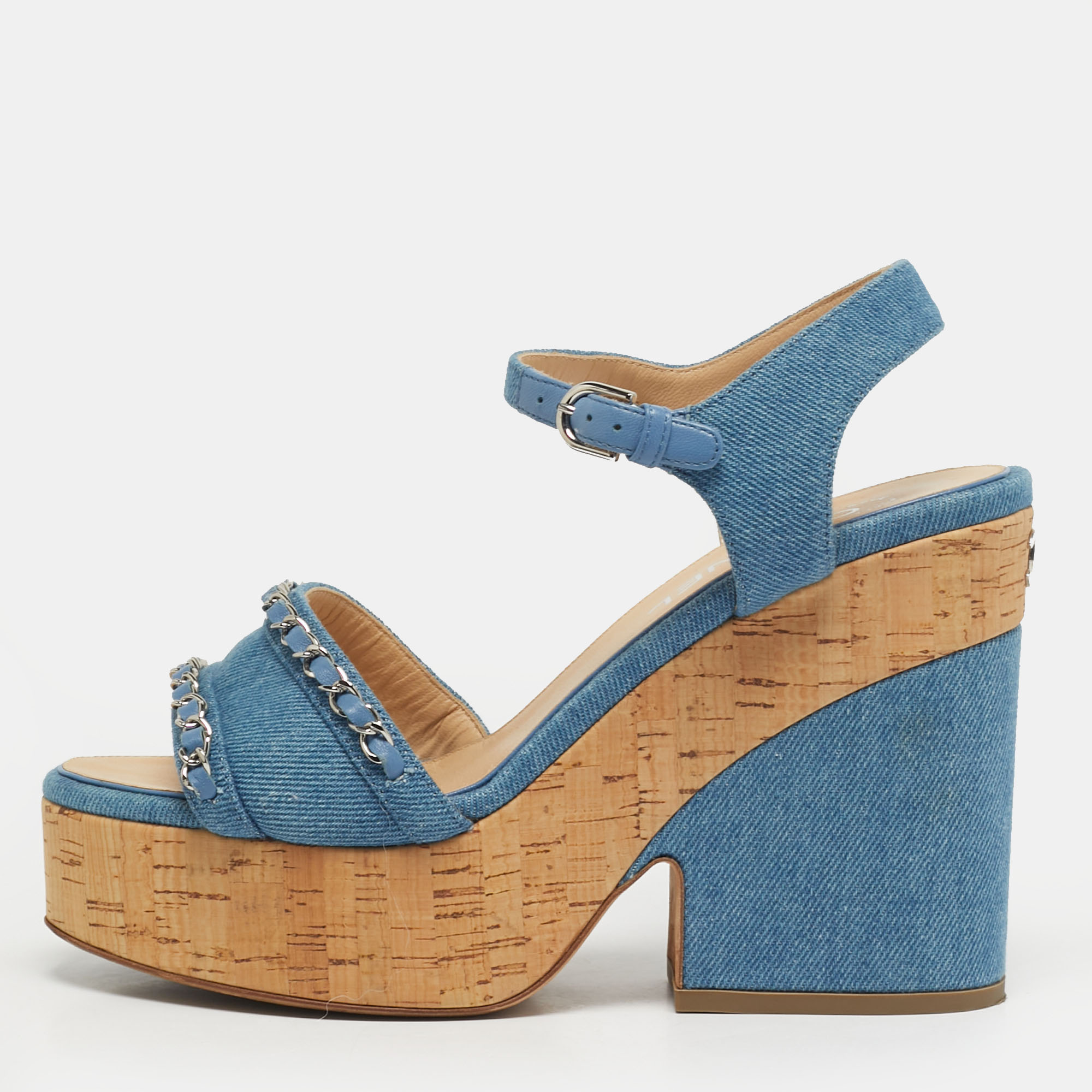 Pre-owned Chanel Size 40 Black Denim Cork Platform Ankle Strap Sandals