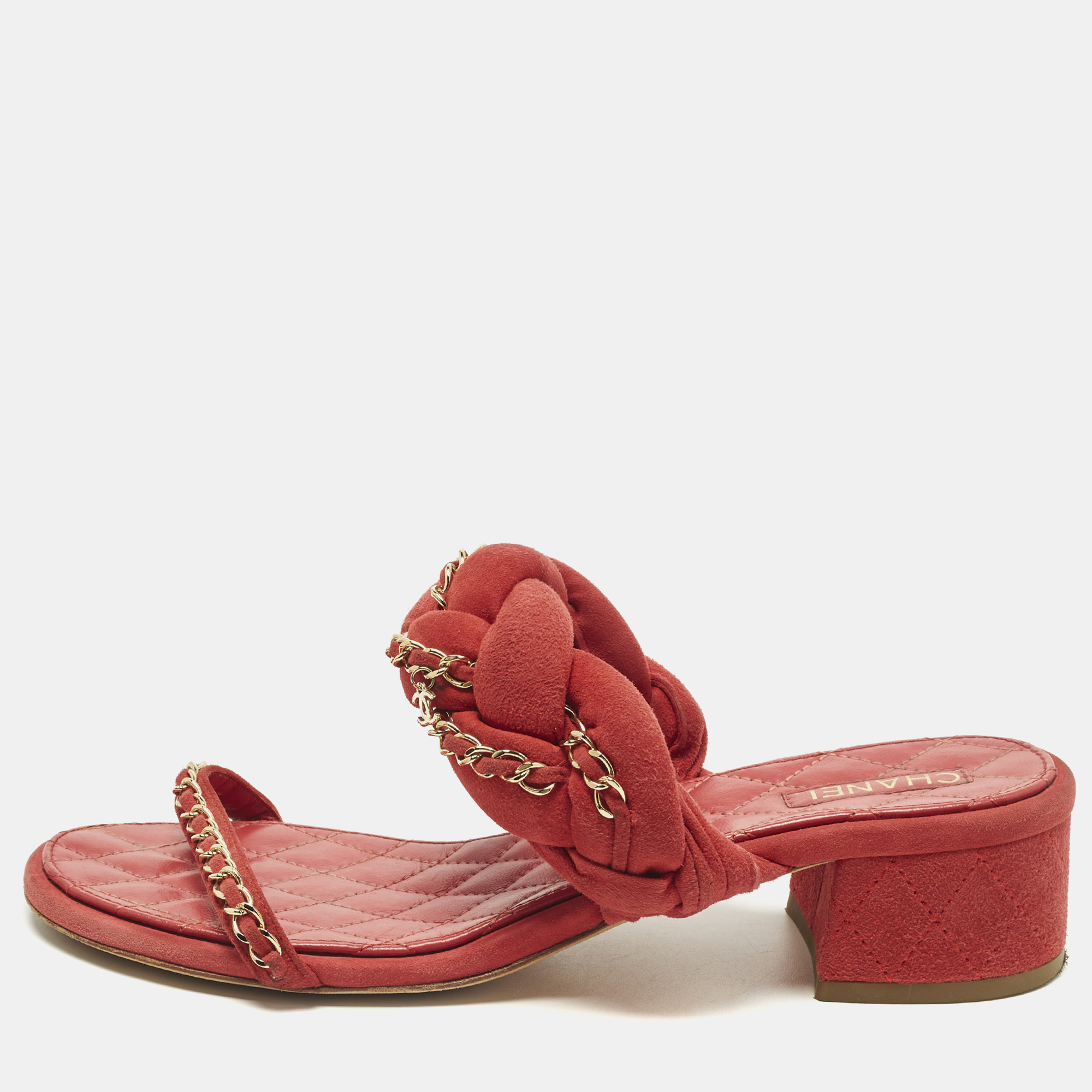 

Chanel Size  Red Suede Chain Embellished Slide Sandals