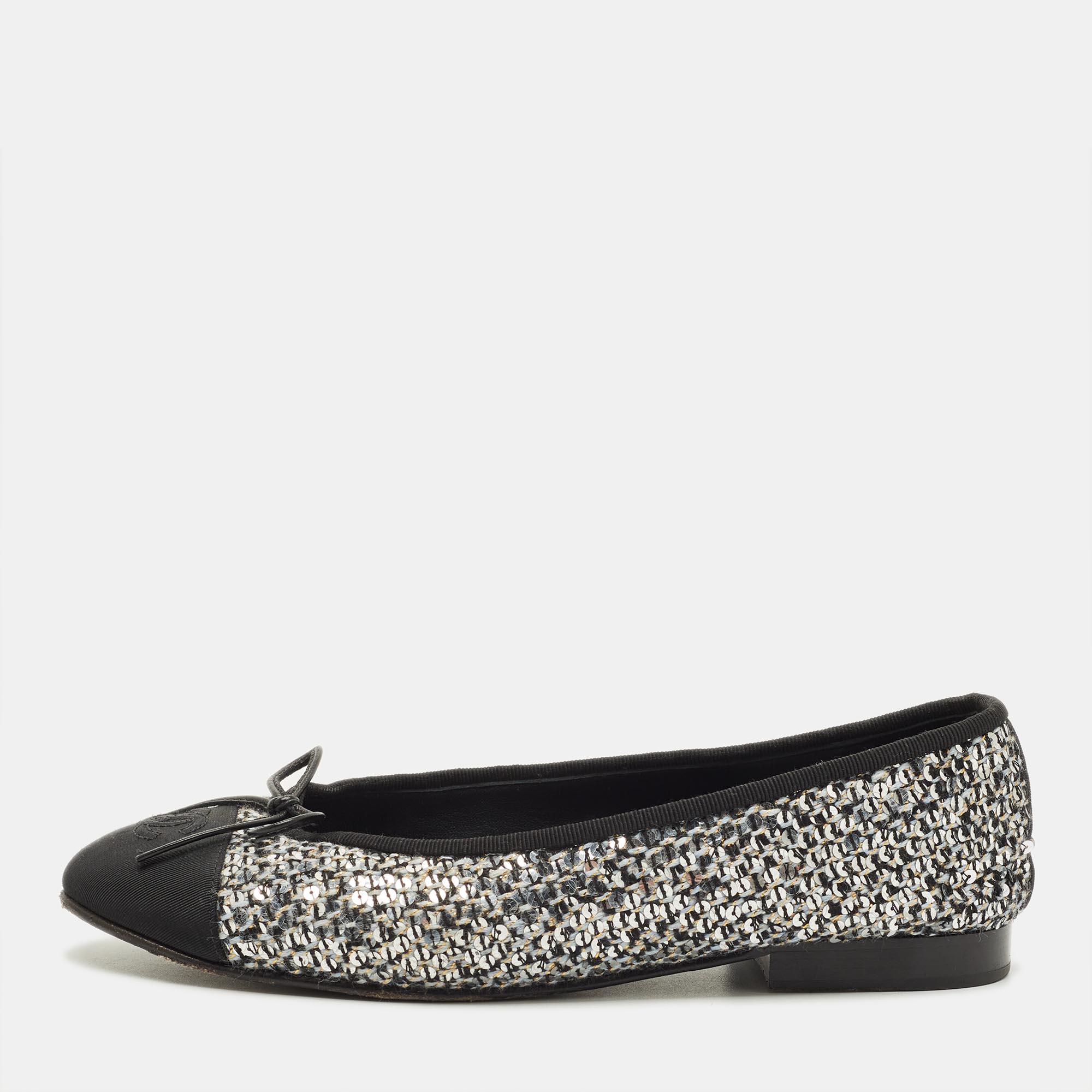 Pre-owned Chanel Cc Size 38 Black/grey Canvas And Tweed Bow Ballet Flats
