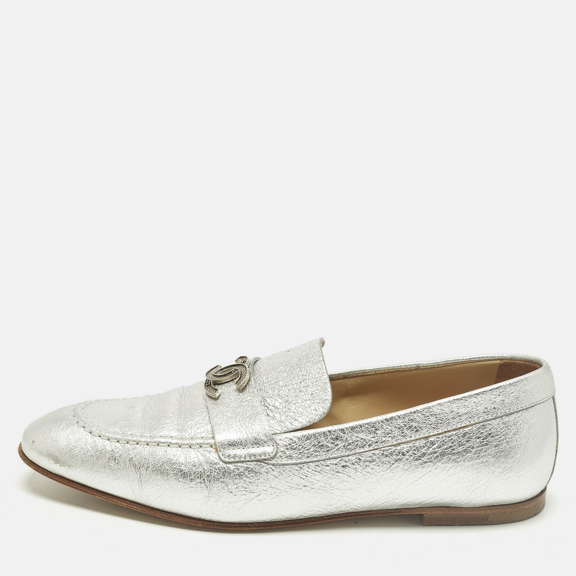 

Chanel CC Size  Silver Leather Loafers