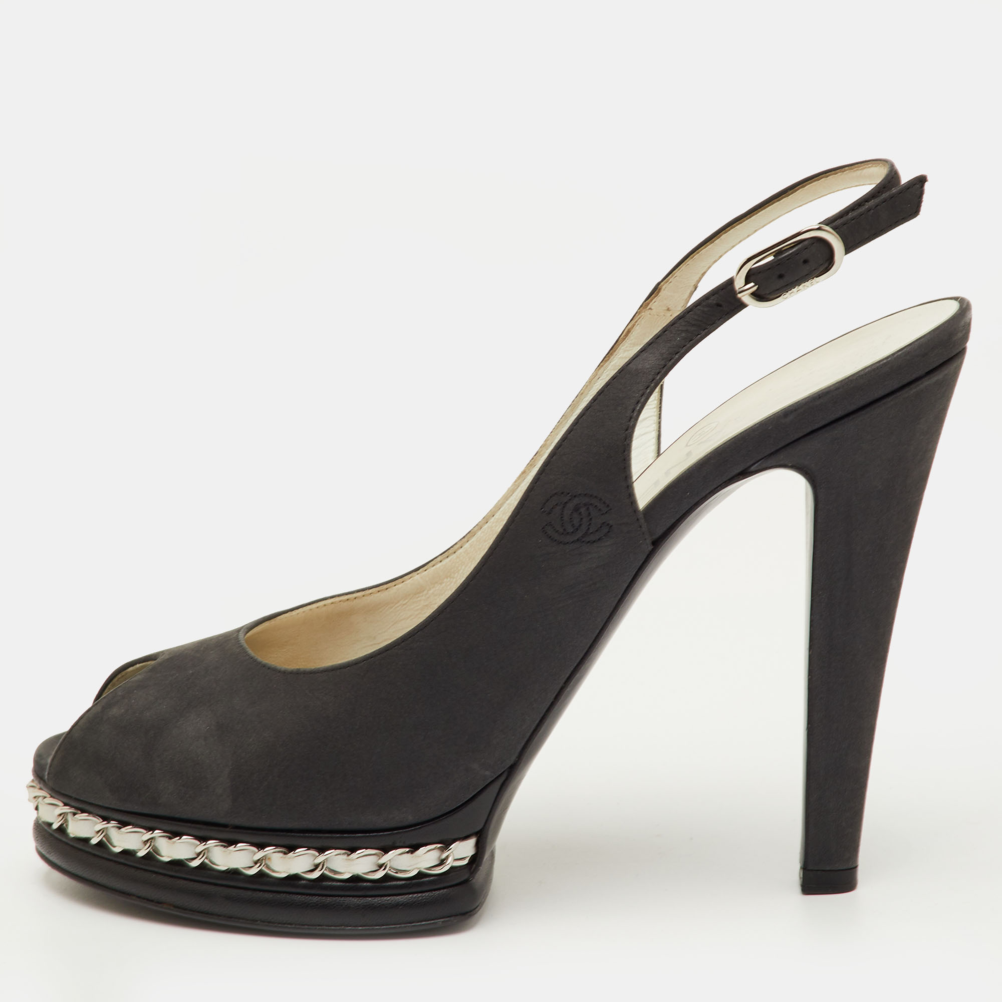 

Chanel Size  Black Leather Chain Link Platform Slingback Sandals