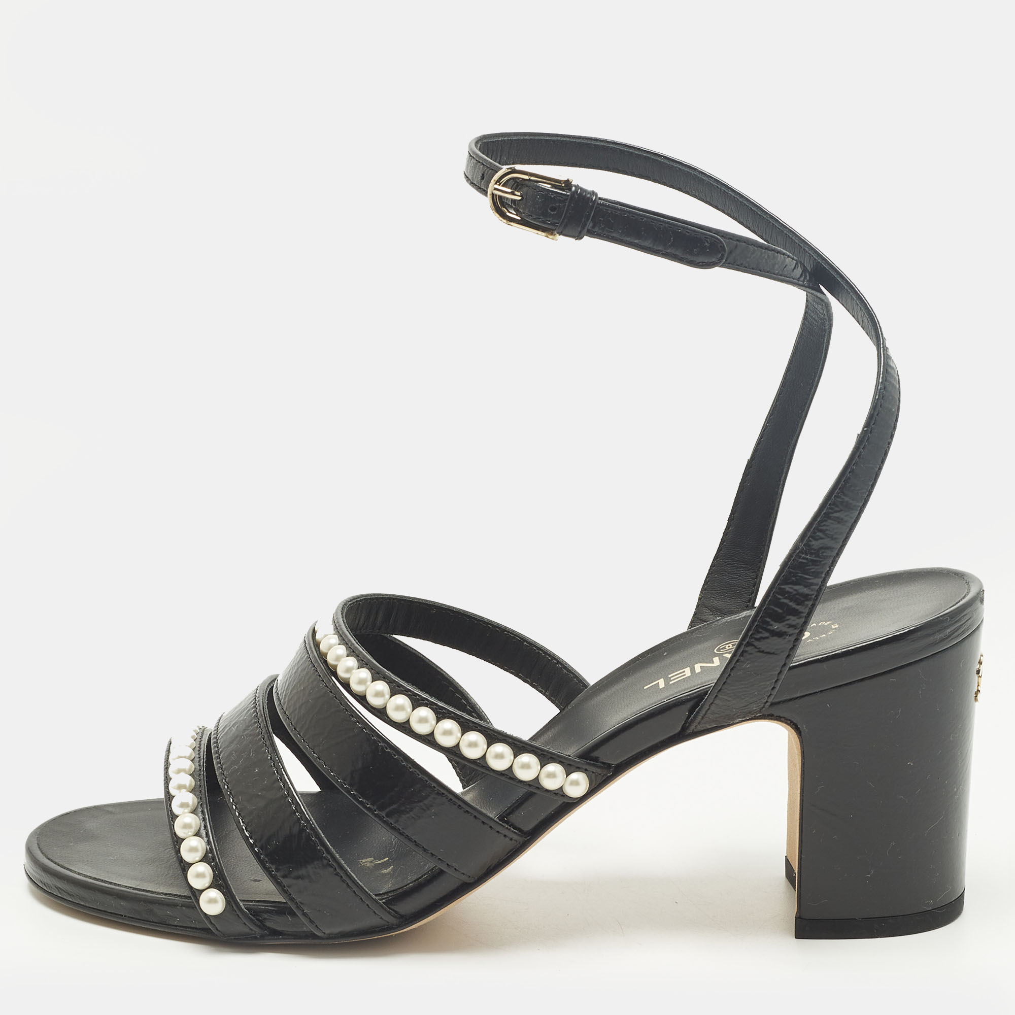 

Chanel Size  Black Leather Pearl Embellished Ankle Strap Sandals