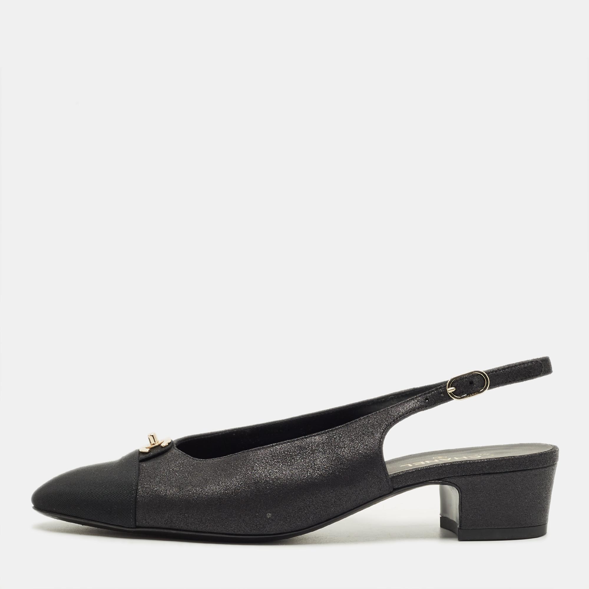 

Chanel CC Cap Toe Size  Black Fabric and Nubuck Leather Slingback Pumps