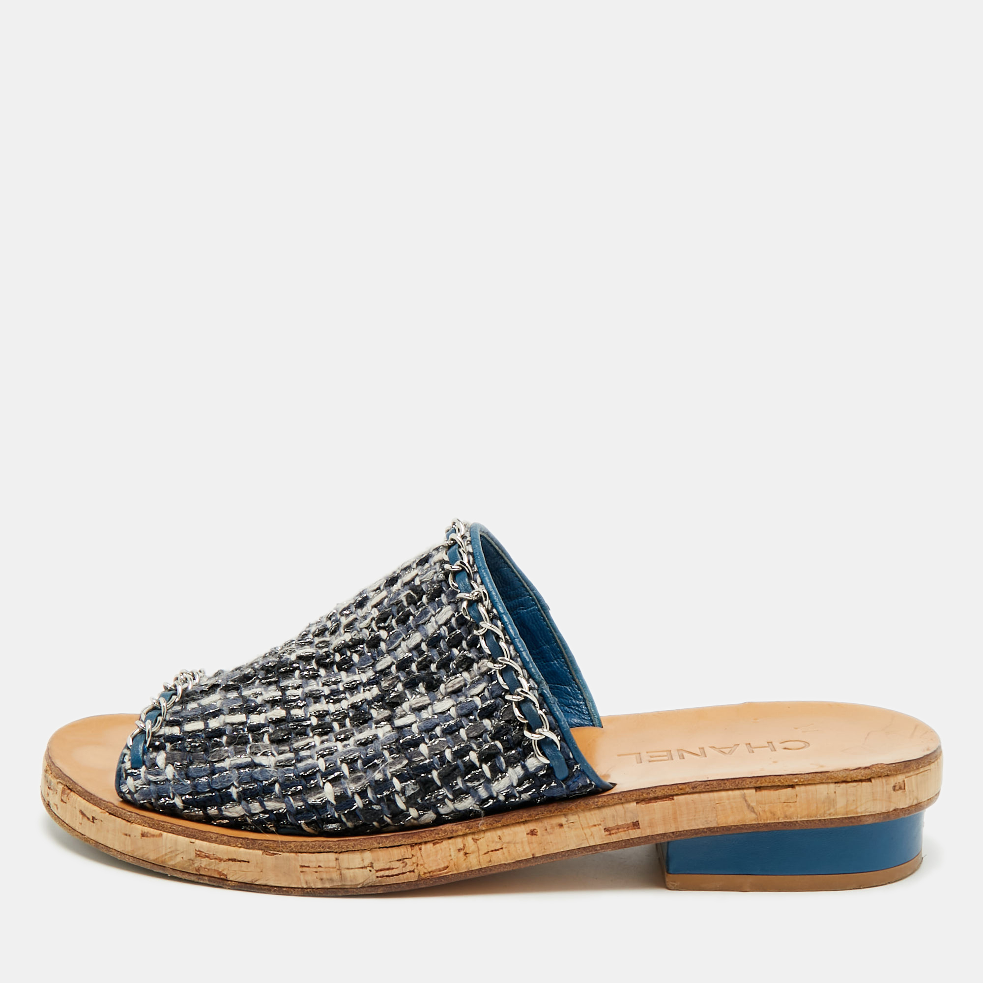 

Chanel CC Size  Multicolor Tweed Cork Chain Detail Mules