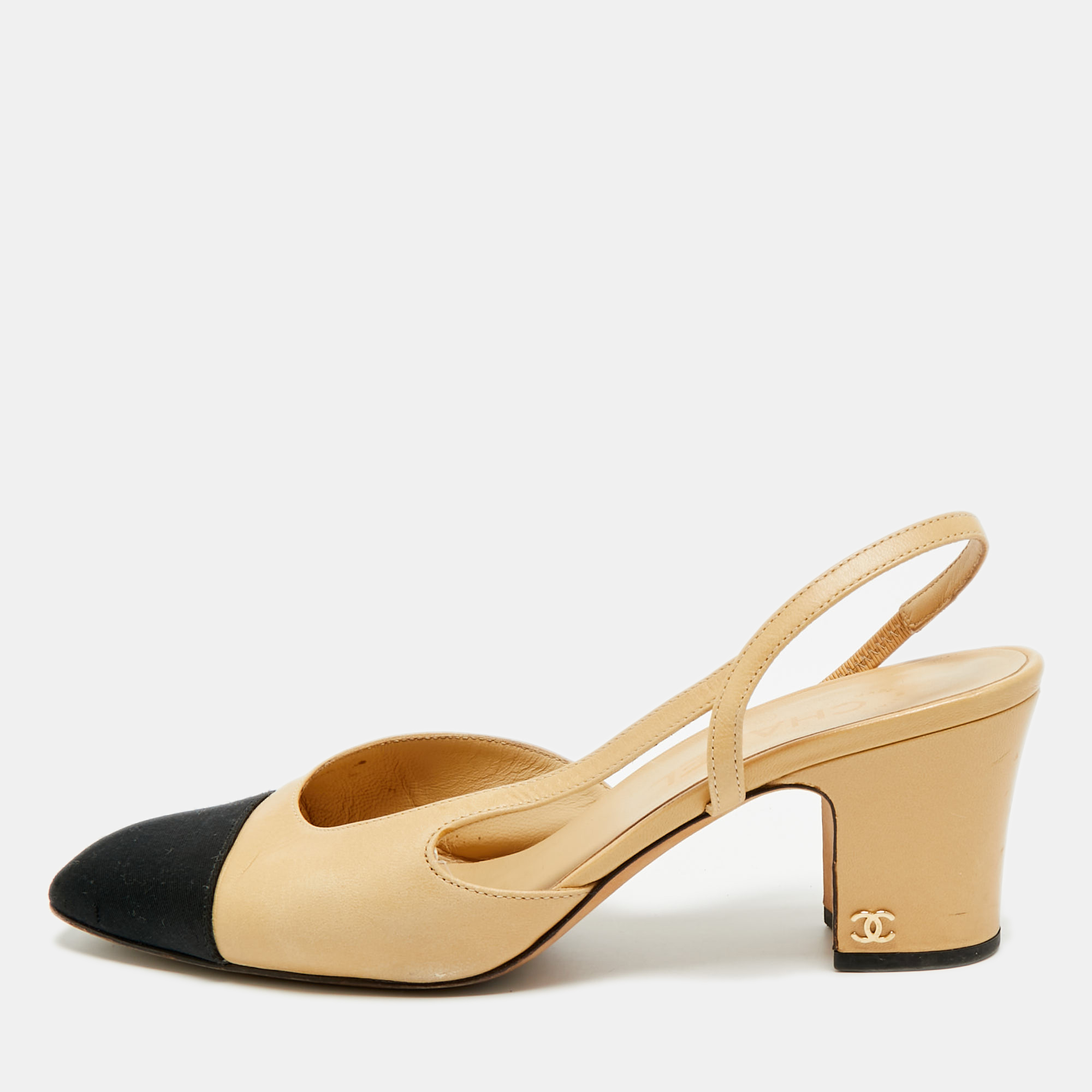 

Chanel CC Cap Toe Size  Beige Canvas and Leather Slingback Pumps