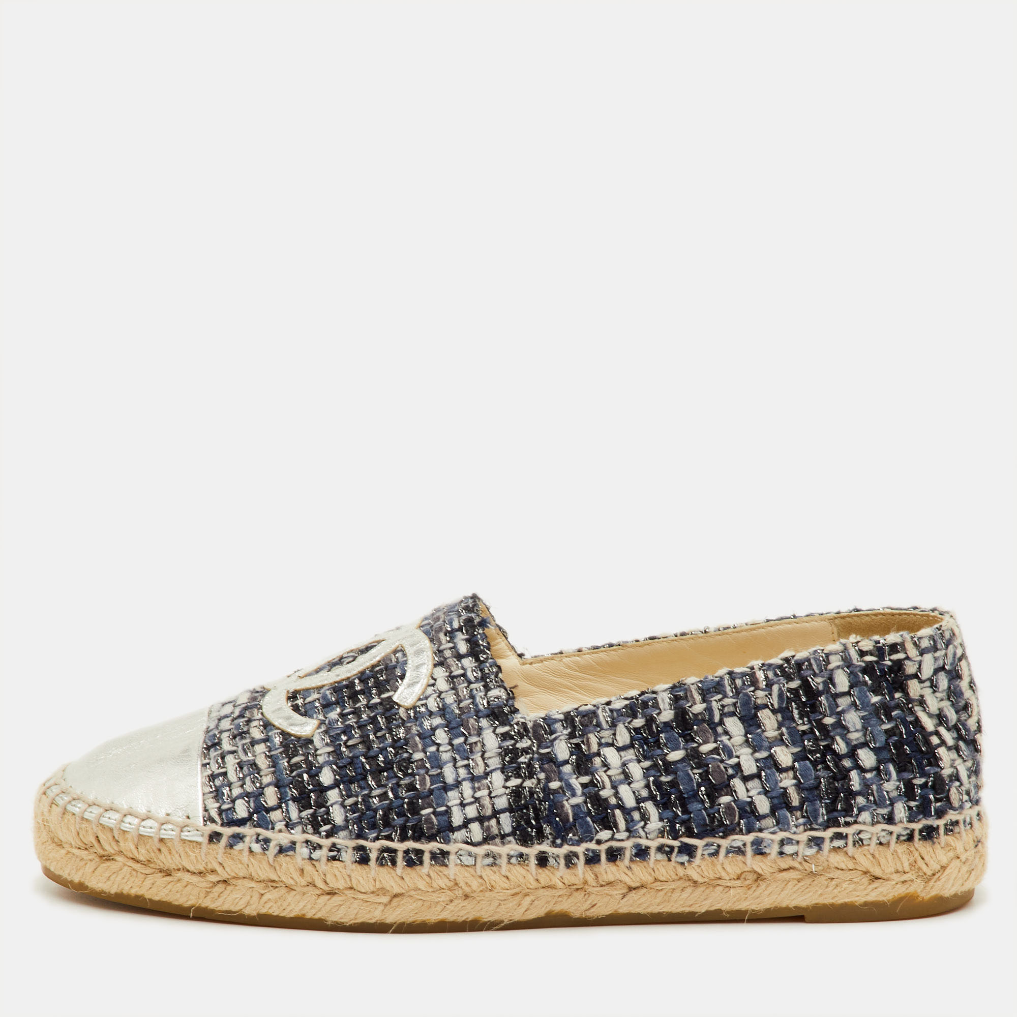 Pre-owned Chanel Cc Size 39 Navy Blue/silver Metallic Leather And Tweed Espadrille Flats