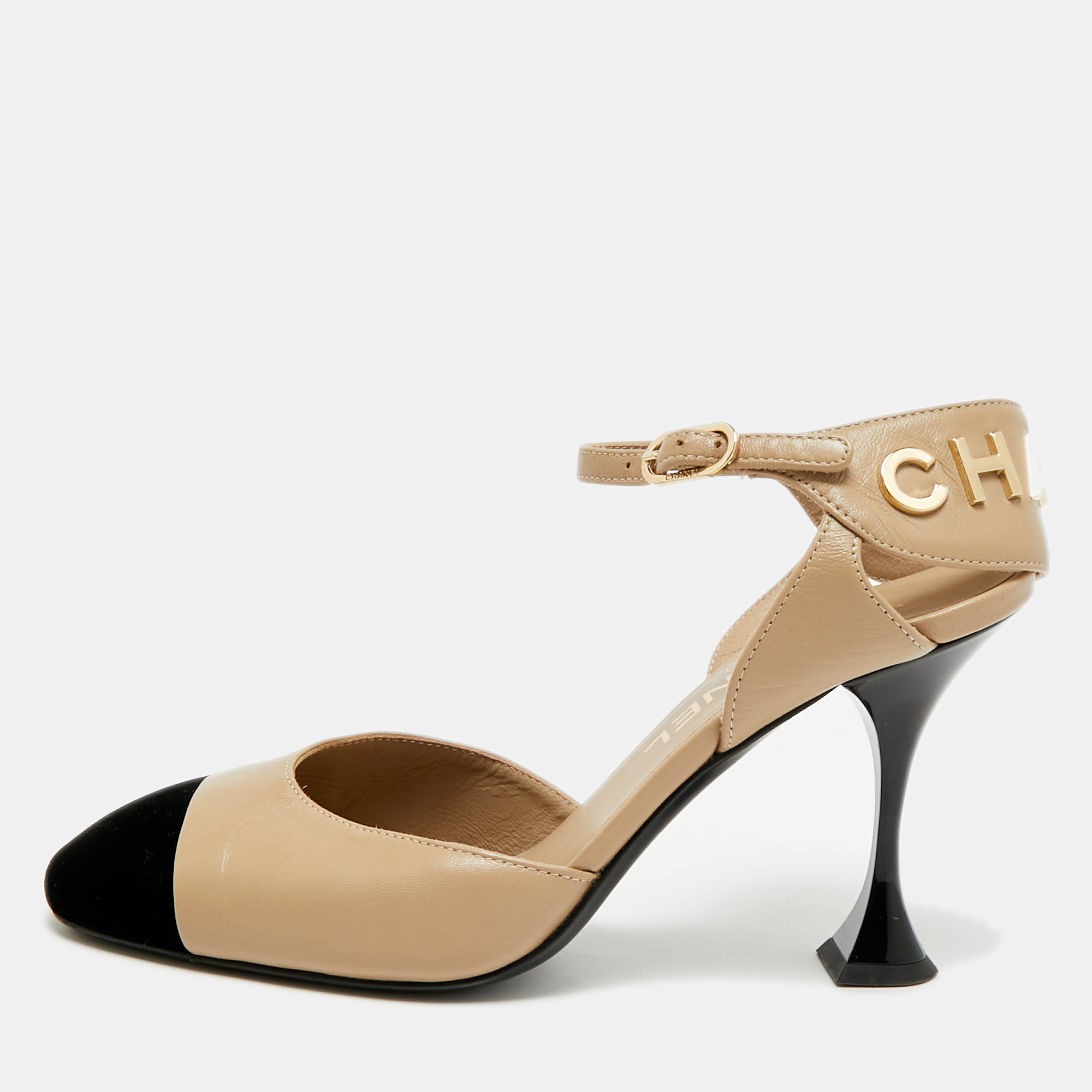 Pre-owned Chanel Size 36.5 Beige/black Leather And Velvet Cap Toe Ankle Strap D'orsay Pumps In Sand