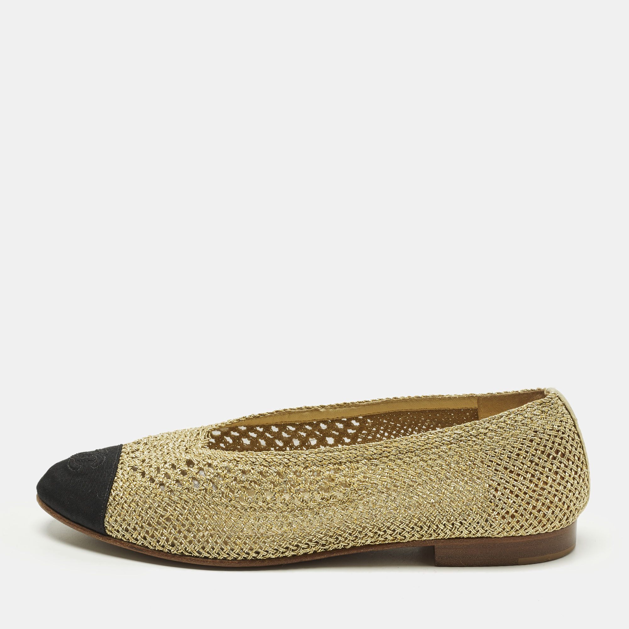 

Chanel CC Size  Gold/Black Woven Fabric and Canvas Ballet Flats