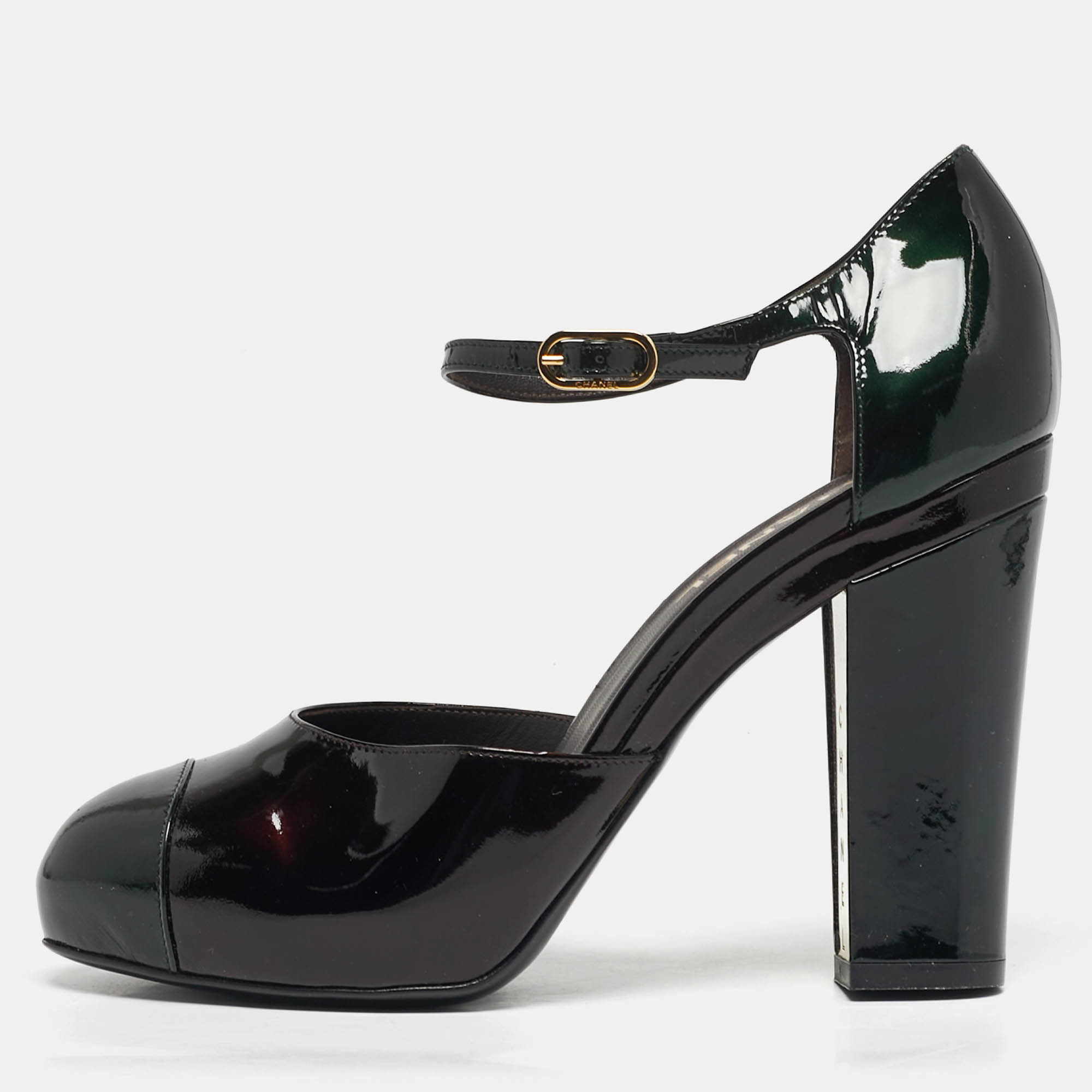 

Chanel Size  Dark Brown/Green Patent Leather Cap Toe Platform Pumps
