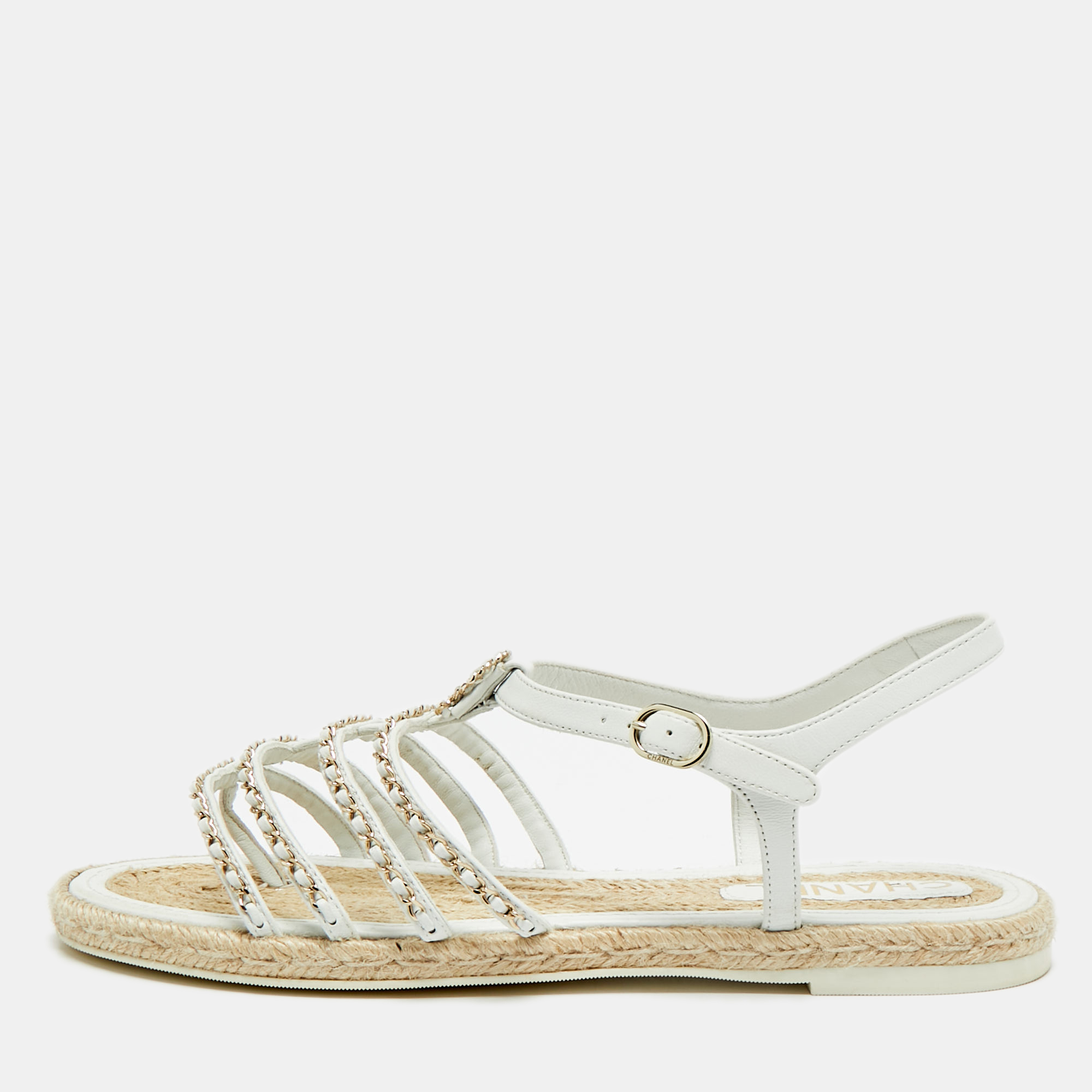

Chanel CC Size  White Leather Chain Detail Ankle Strap Flat Sandals